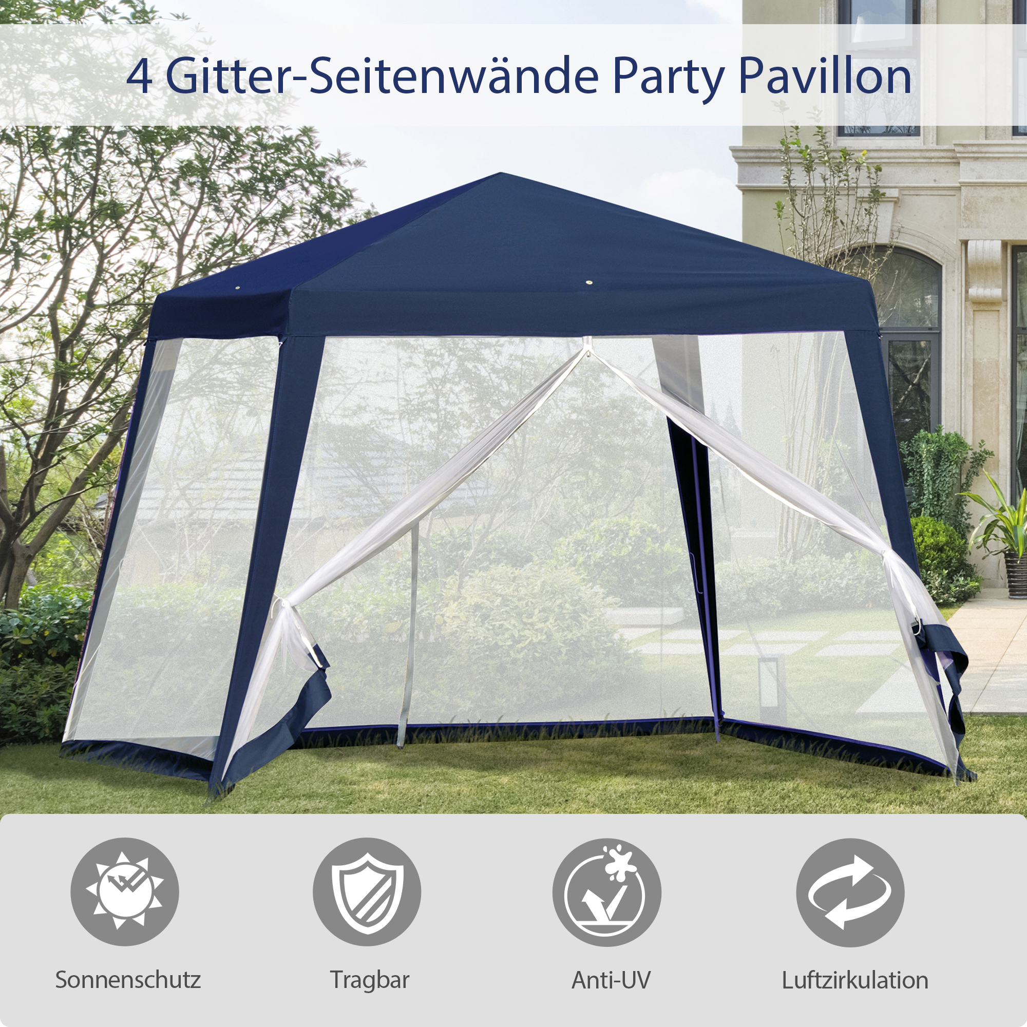 Gartenpavillon Pavillon Festzelt Partyzelt wetterfest Zelt mit Moskitonetz Metall + Polyester Blau 3 x 3 m