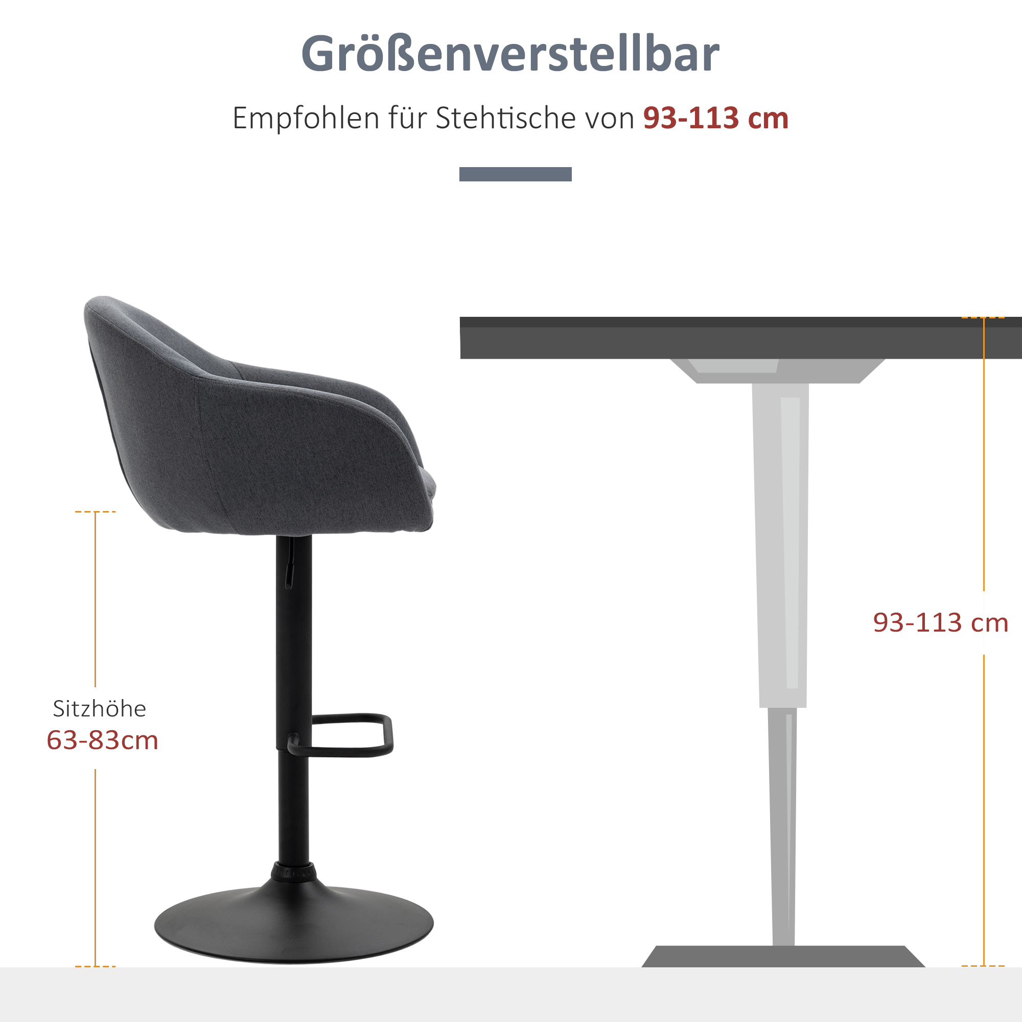 Barhocker höhenverstellbar mit Lehne und mit Fußstütze; Leinenoptik, 54 cm x 54 cm x 112 cm, Grau