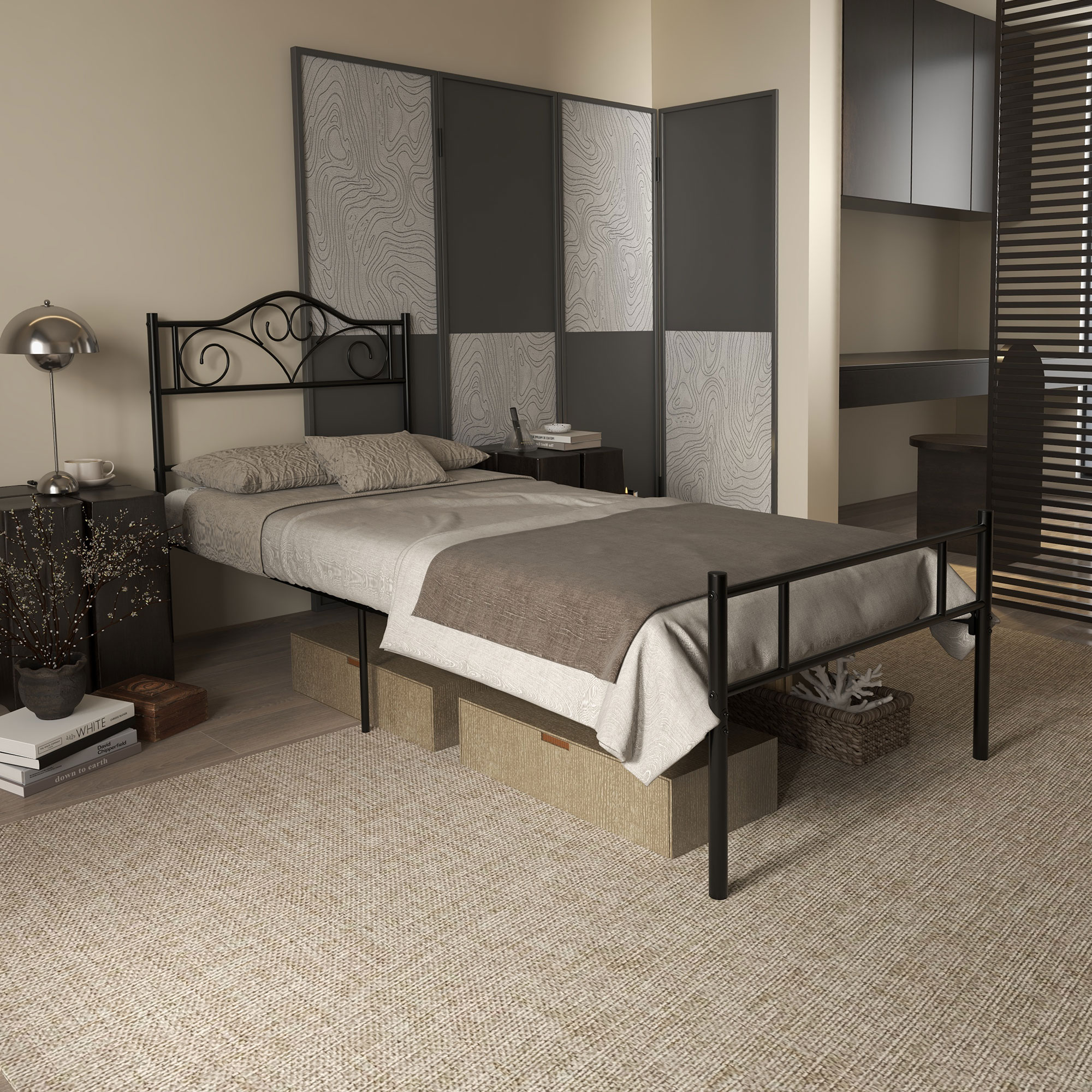 Bett 90 x 200 cm Stahl mit Lattenrost, Kopf- und Fußteil, 31 cm hoch Schwarz