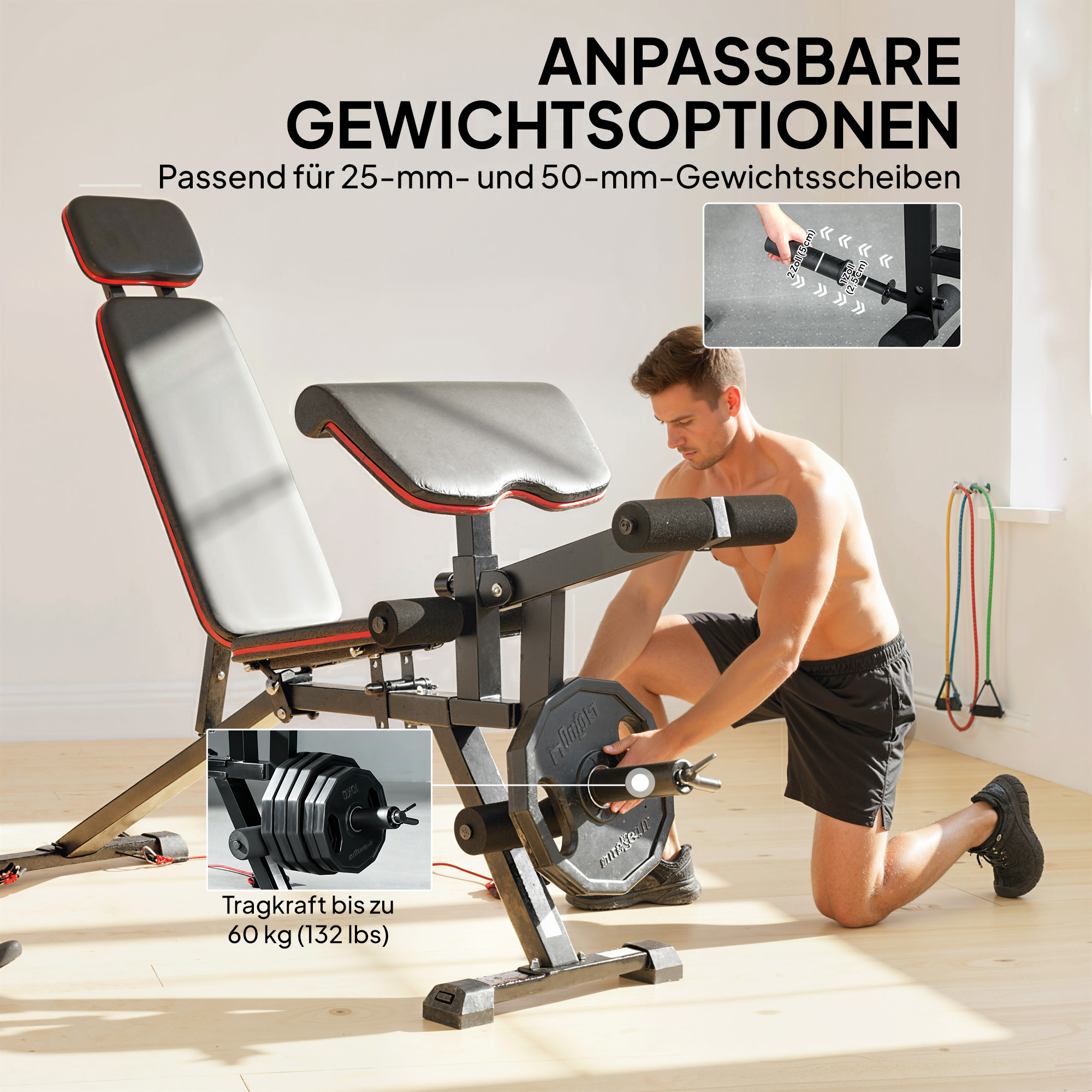 Hantelbank verstellbar bis 300 kg 3 in 1 Trainingsbank mit Rollen Beinstrecker Curlpult Kopfstütze Widerstandsbändern