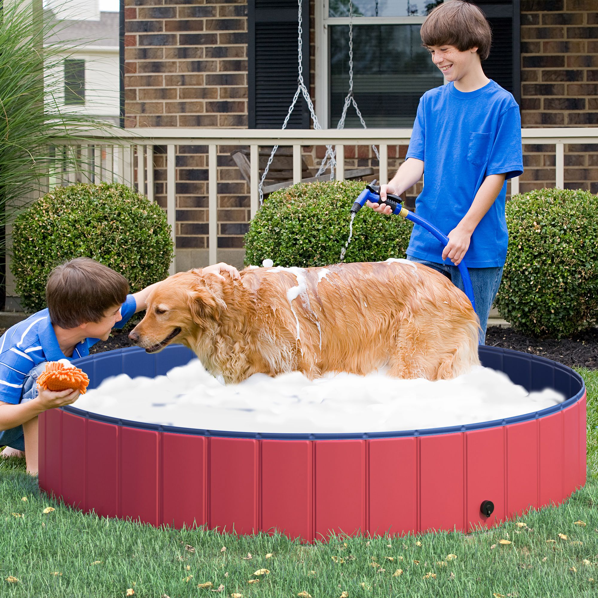 Hundebadewanne faltbar Badewanne Hundepool Plantschbecken Swimmingpool Wasserbecken für Hunde und Katzen Schwimmbecken Kunststoff+Holz Rot Ø160 x 30H cm