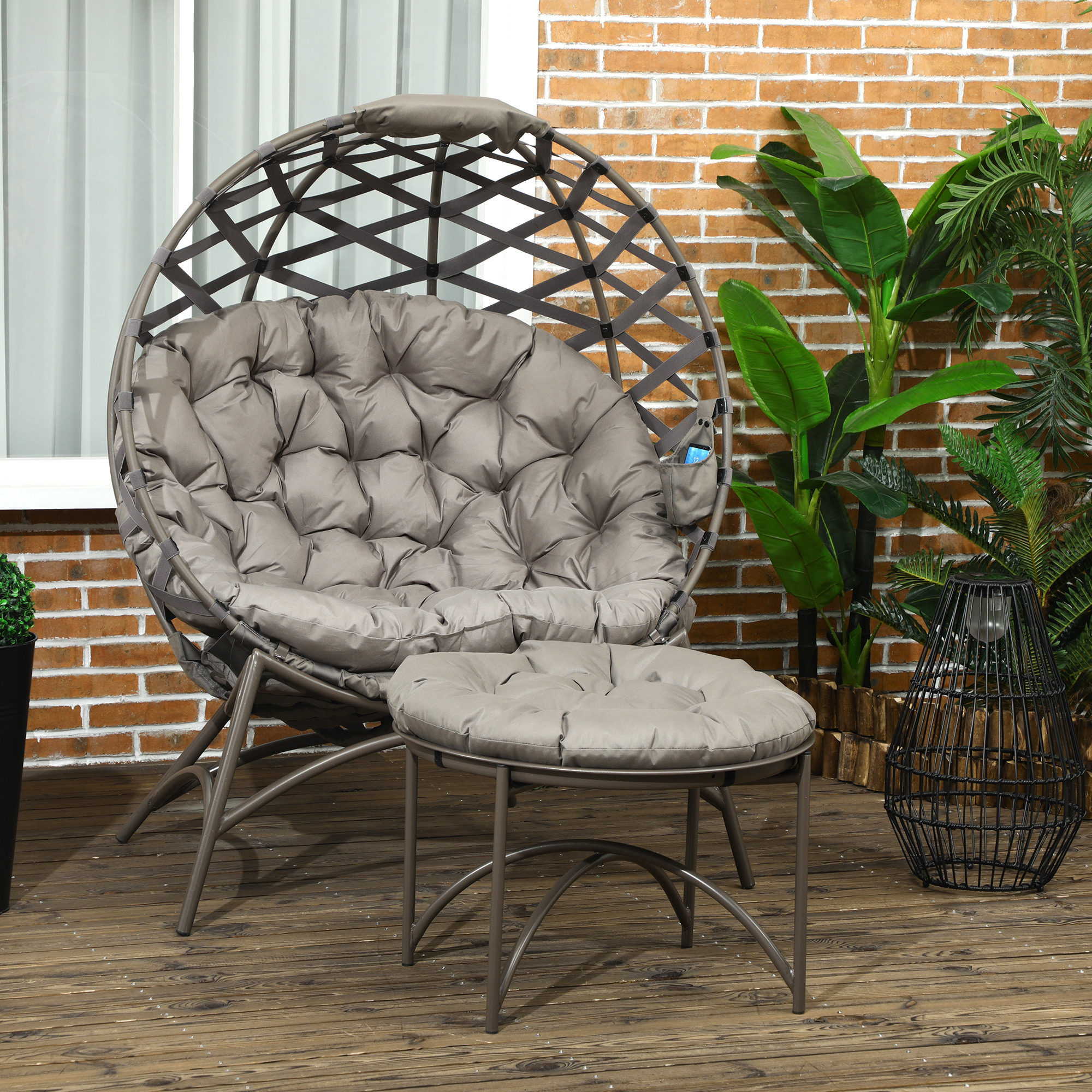 Gartenstuhl-Set, 2-tlg,, Hocker/Beistelltisch, gr, Sitzkissen, Stahlrahmen, Farbe: Sand, 118 x 75 x 142 cm