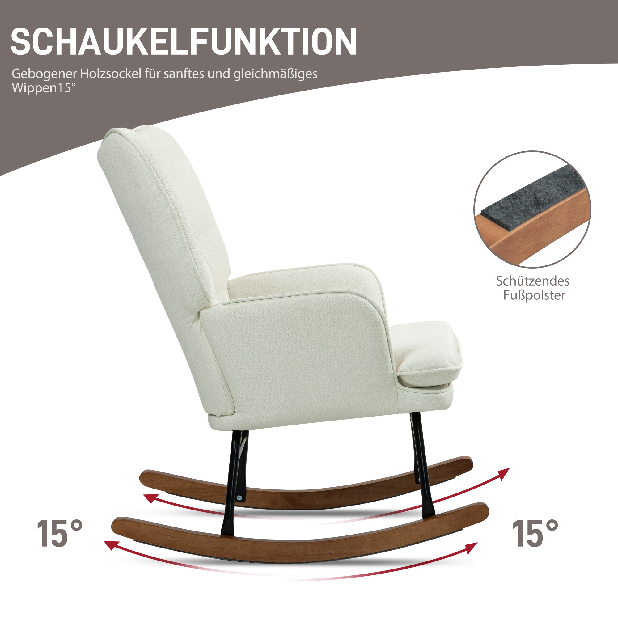 Schaukelstuhl mit Hocker, sanftes Schaukelsystem, Leinenimitat, 64 x 89 x 90 cm, Cremeweiß