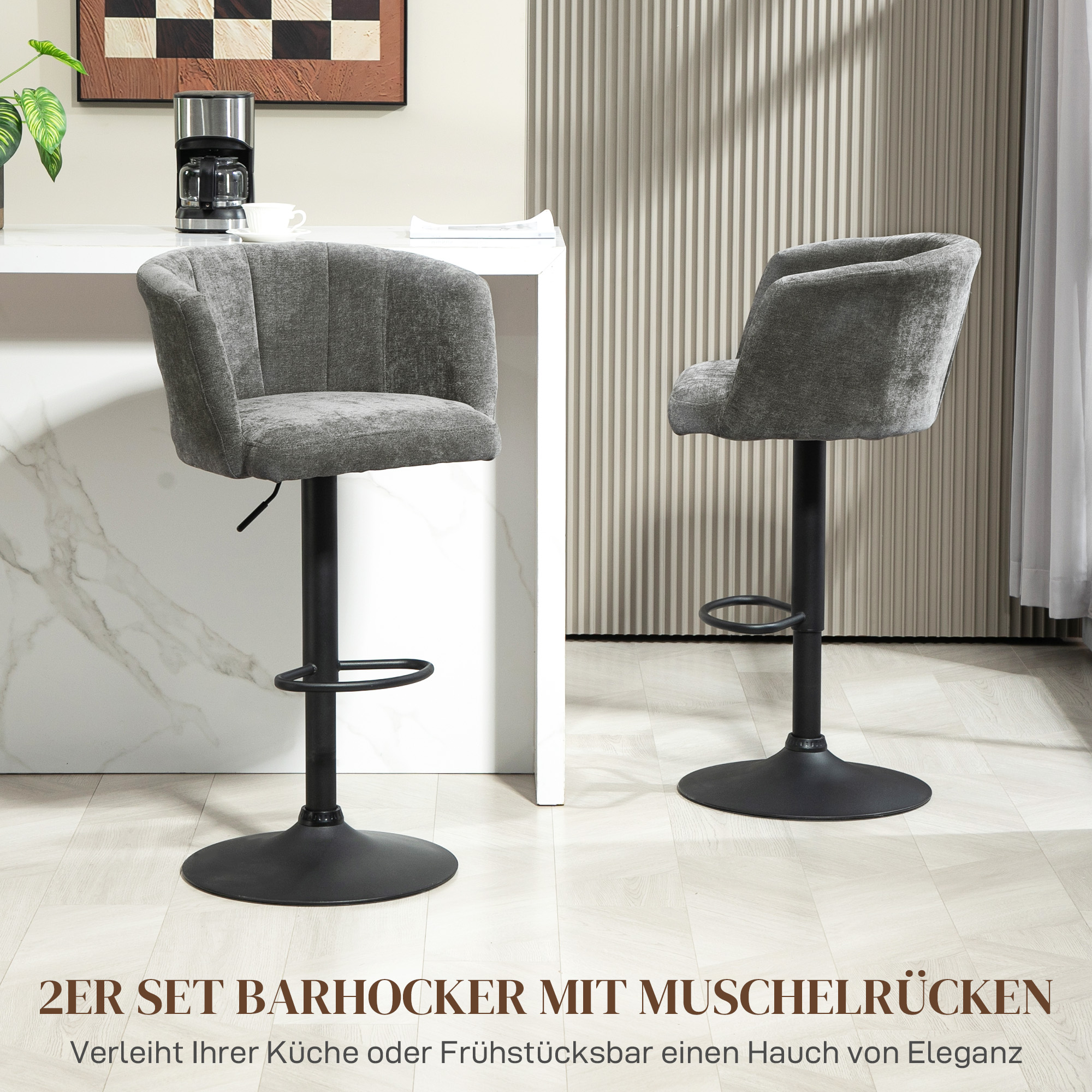 Barhocker 2er-Set, Schalenrücken, höhenverstellbar, Fußstütze, für Küche oder Esszimmer, Metallbasis, Dunkelgrau
