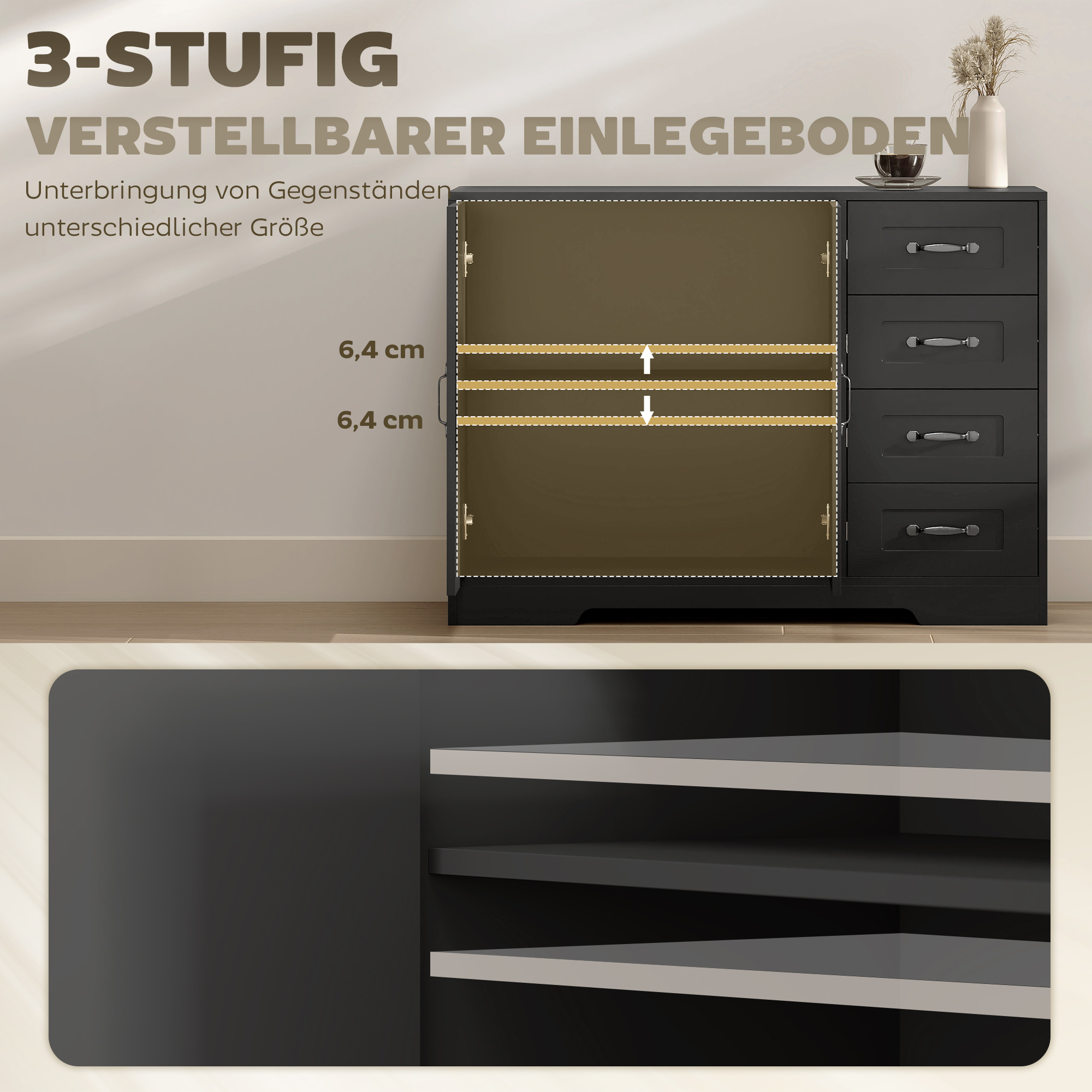 Sideboard, Kommode, moderner Stil, 4 Schubladen, 1 Schrank, 105 x 40 x 76 cm, Schwarz