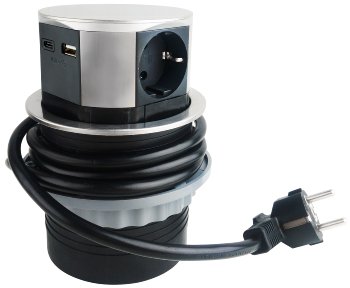 Schreibtisch-Einbausteckdose 3x +USB A+C, versenkbar, Edelstahl-Ausführung, rund