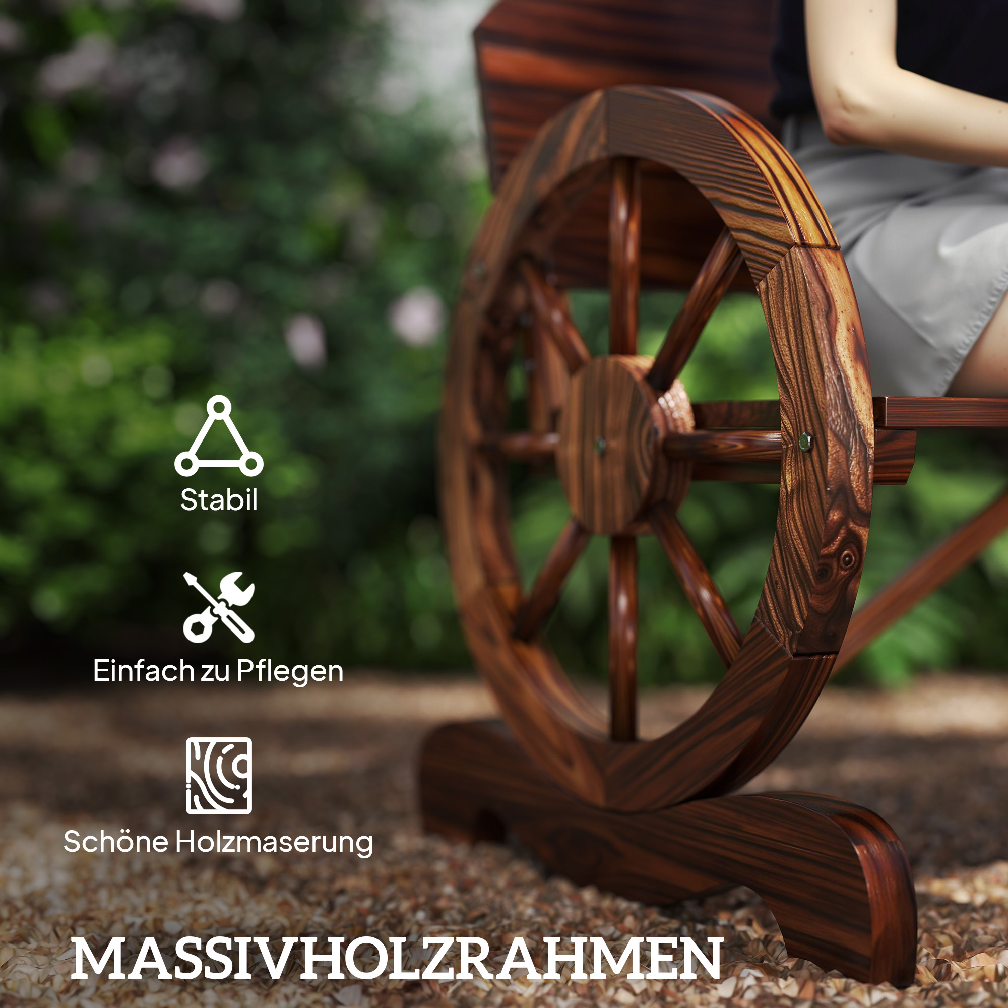 2-Sitzer Gartenbank mit Rad-Armlehnen, Rustikale Outdoor-Bank für Terrasse, Veranda, Fichtenholz, Braun