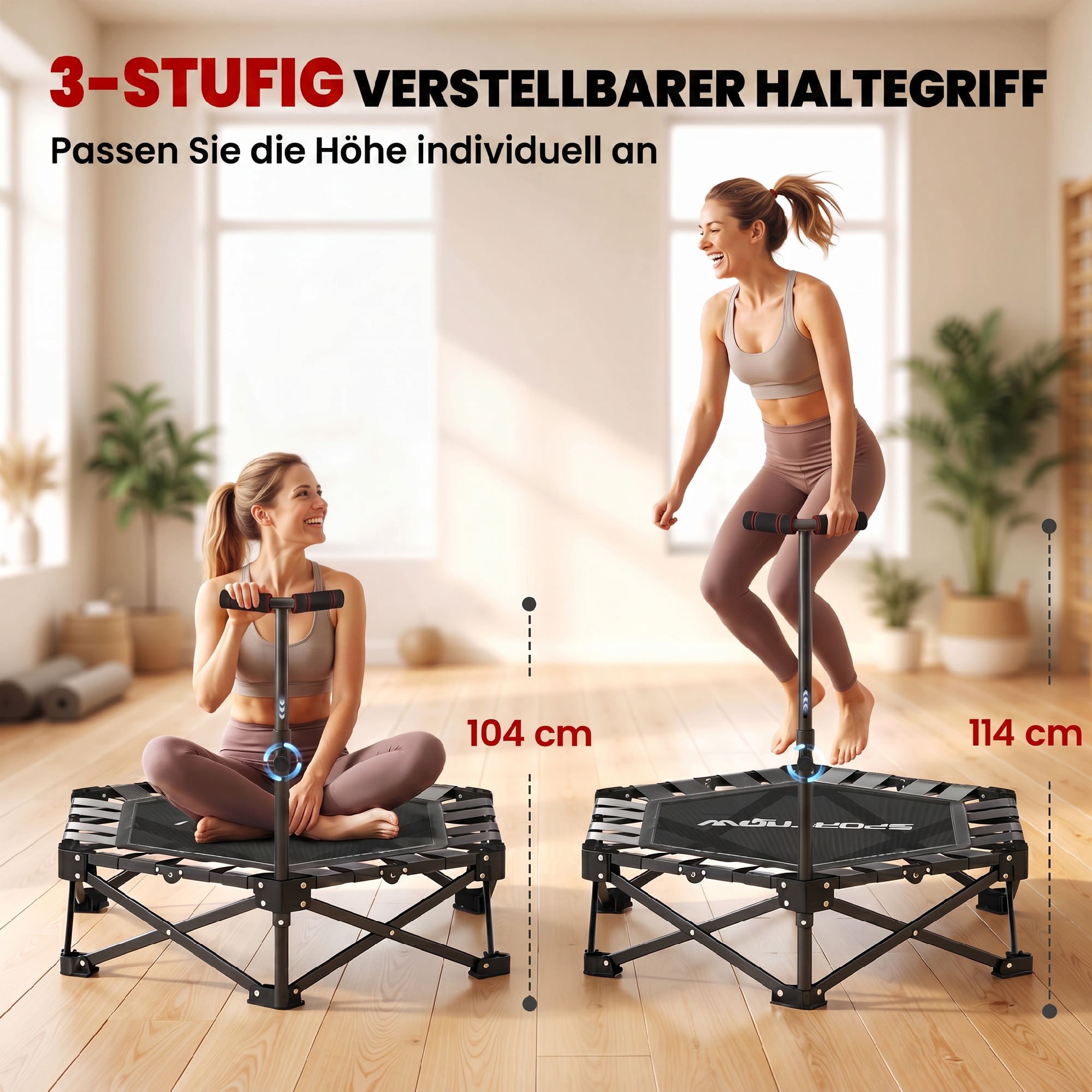 Fitness-Trampolin mit verstellbarem T-Griff, faltbar, Tragetasche, 120 kg Belastbarkeit, Stahl, Kunststoff, Schwarz