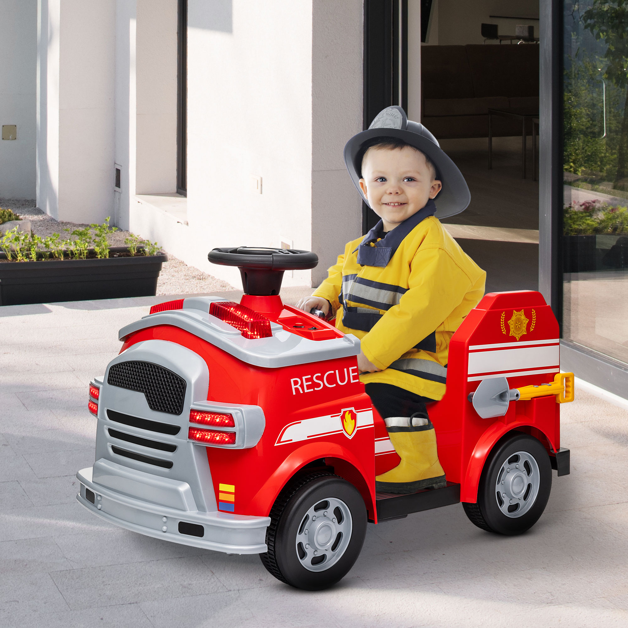 Feuerwehrauto, Elektro-Kinderauto, max. 3 km/h, Sirene, Blaulicht, Werkzeuge, für Kinder 3-5 Jahre