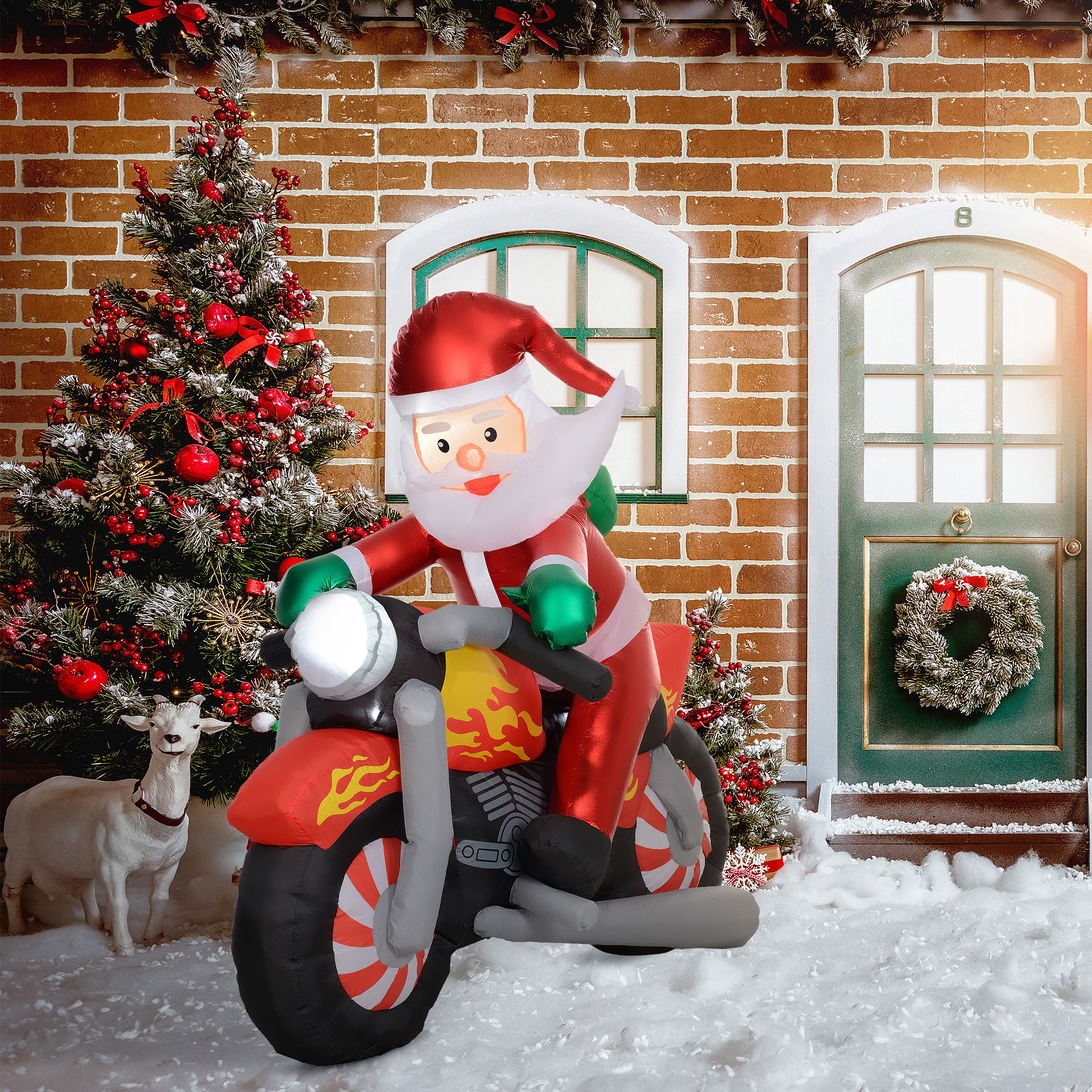Weihnachtsmann auf Motorrad, Gartendeko, LEDs, aufblasbar, wetterfest, 180 x 95 x 170 cm