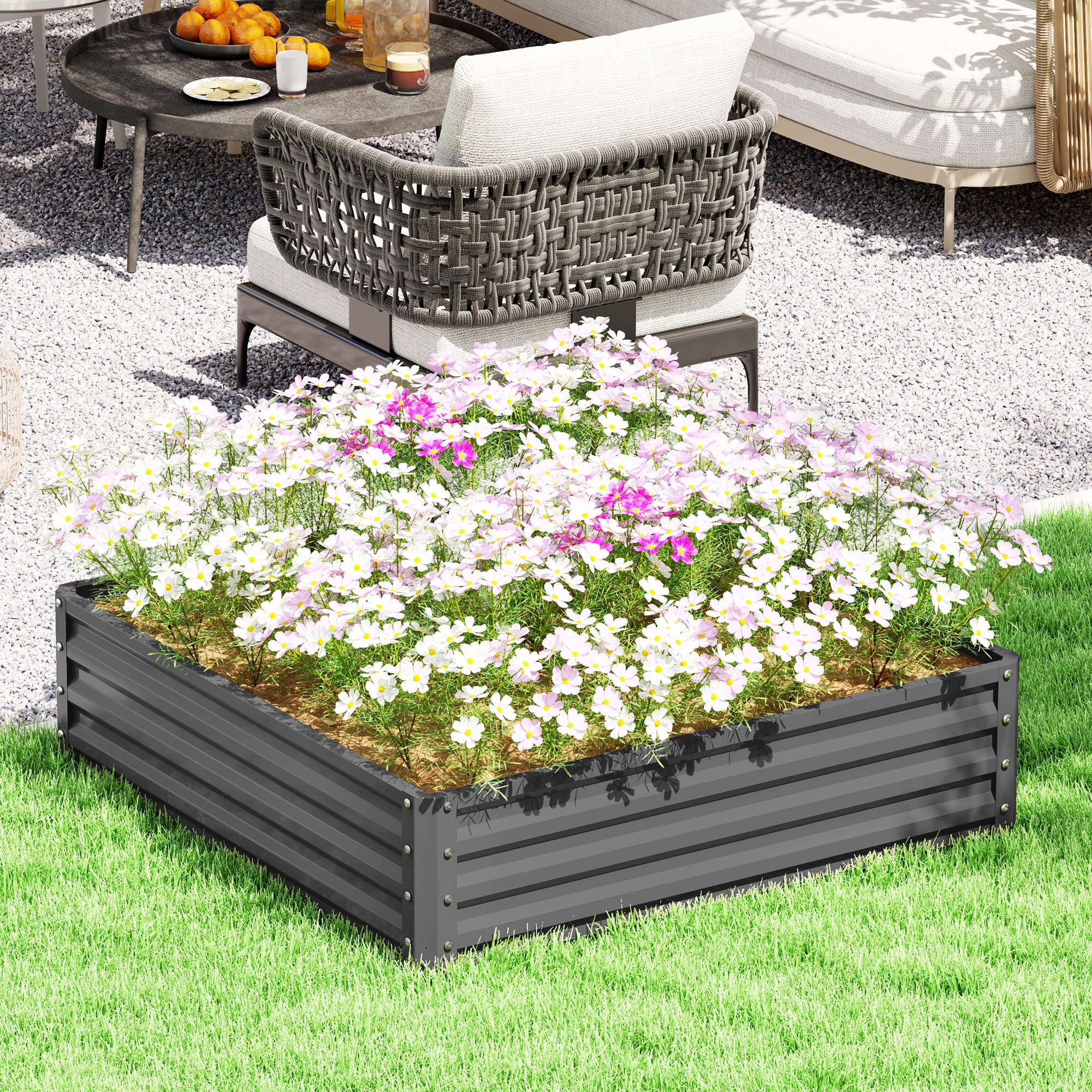 Gartenbeet, Pflanzkasten mit Stahlgehäuse, Hellgrau, 120 x 120 x 30 cm