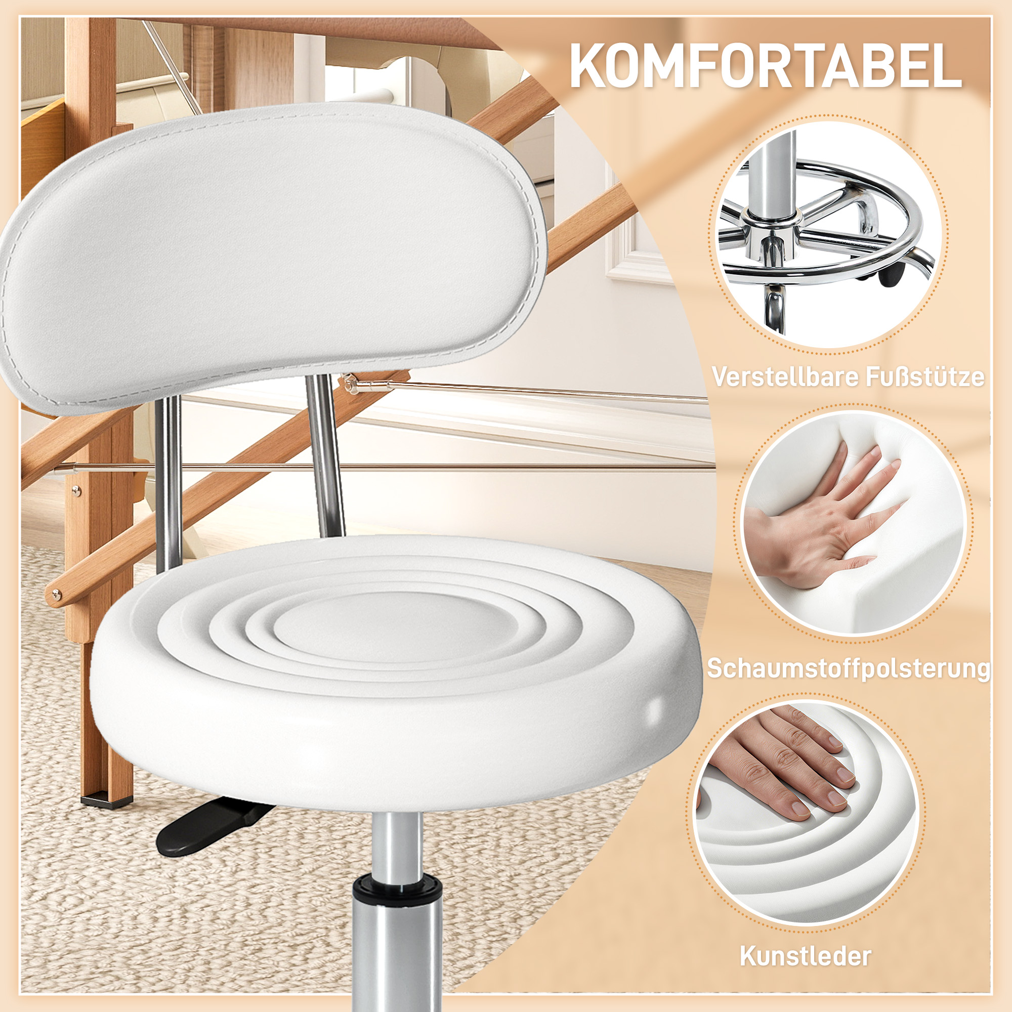 Rollhocker, Drehbarer und verstellbarer Hocker mit Rückenlehne, Kunstlederbezug, Fußstütze, für Frisiertische, Weiß