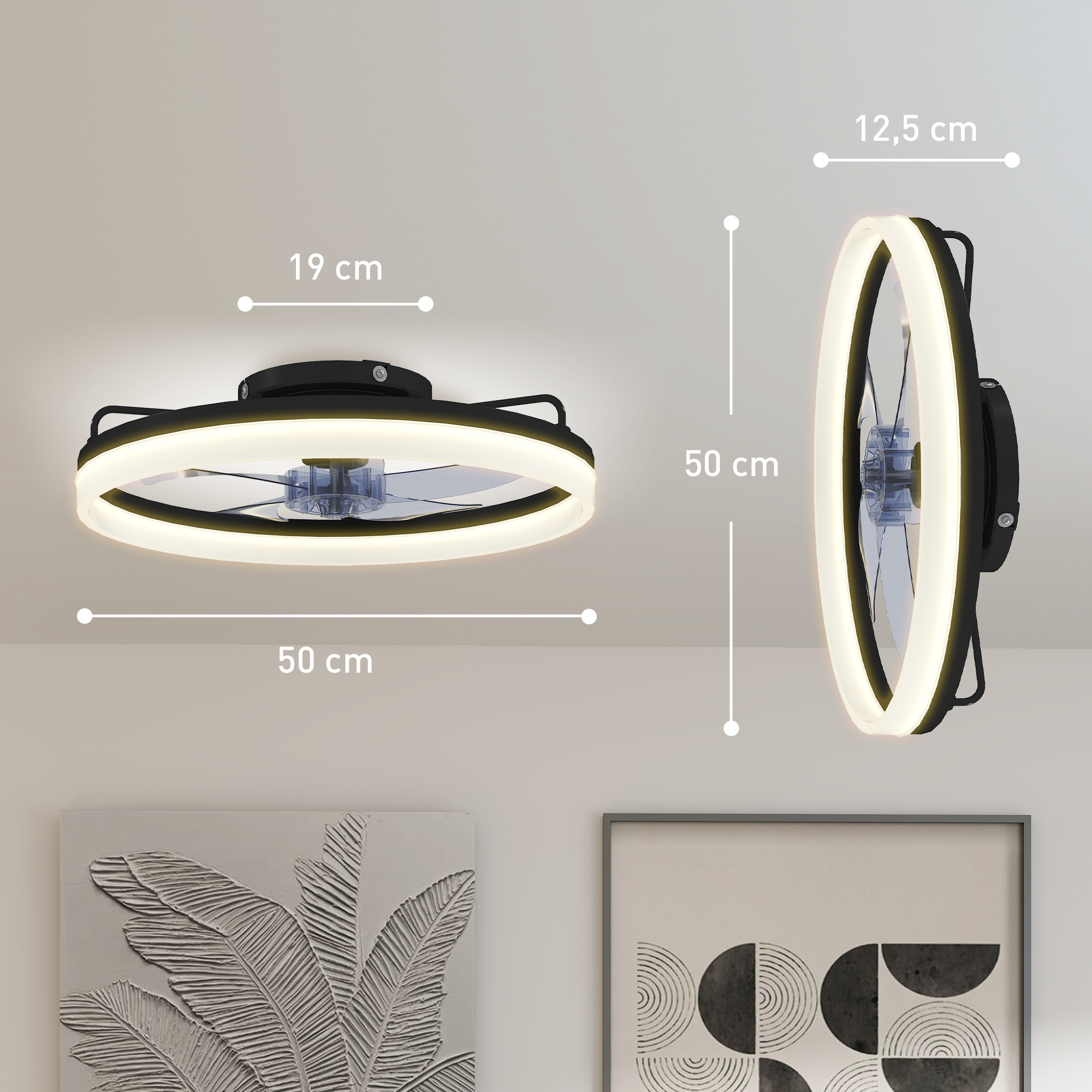 Deckenventilator mit Licht und Fernbedienung, 50 cm LED-Deckenventilator mit 3 Farben, 6 Geschwindigkeiten, Timer, Dimmbar