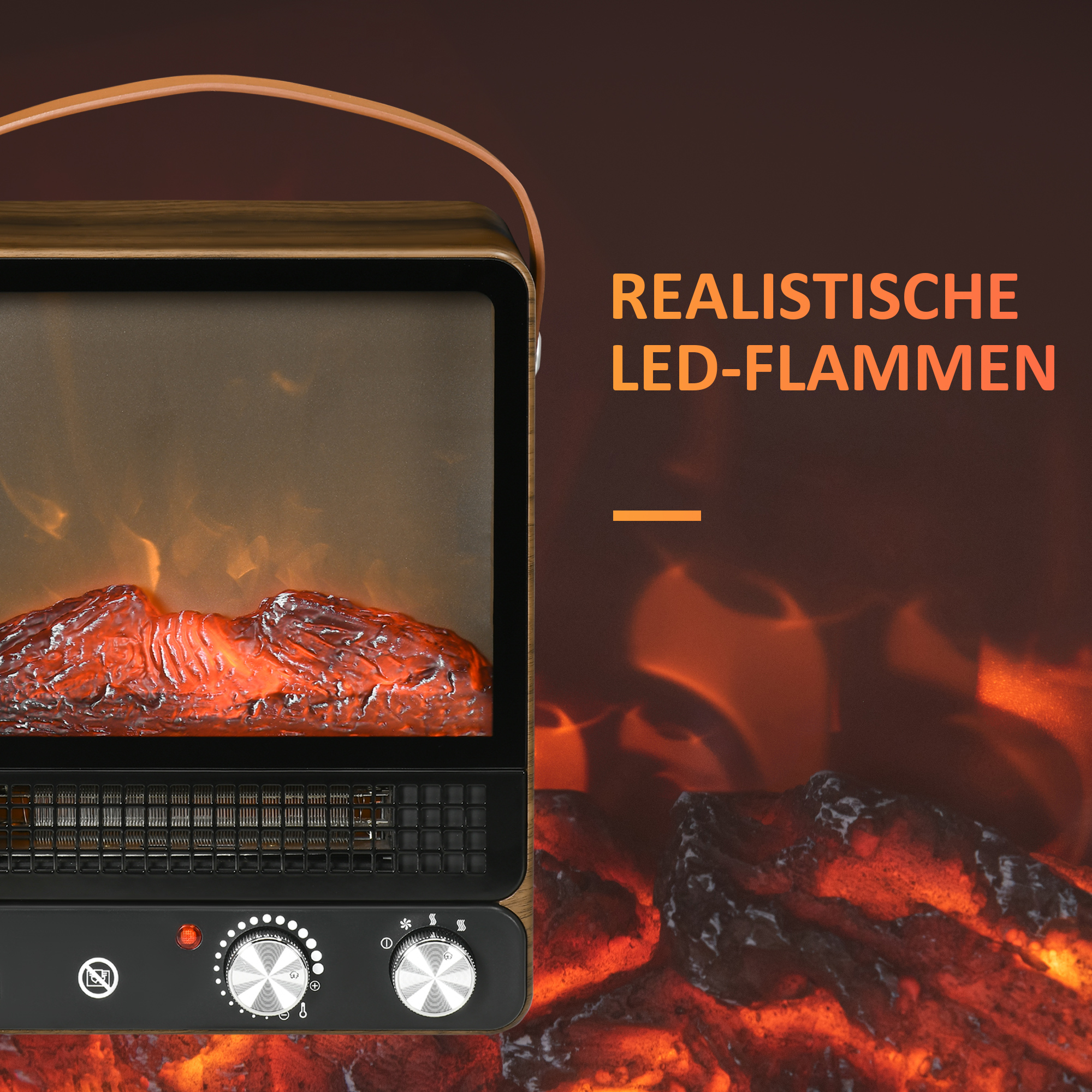 Elektrokamin, realistisches Feuer, 2 Heizmodi bis 50° C, Überhitzungsschutz, Walnussoptik, 30,3 x 17,5 x 37,4cm
