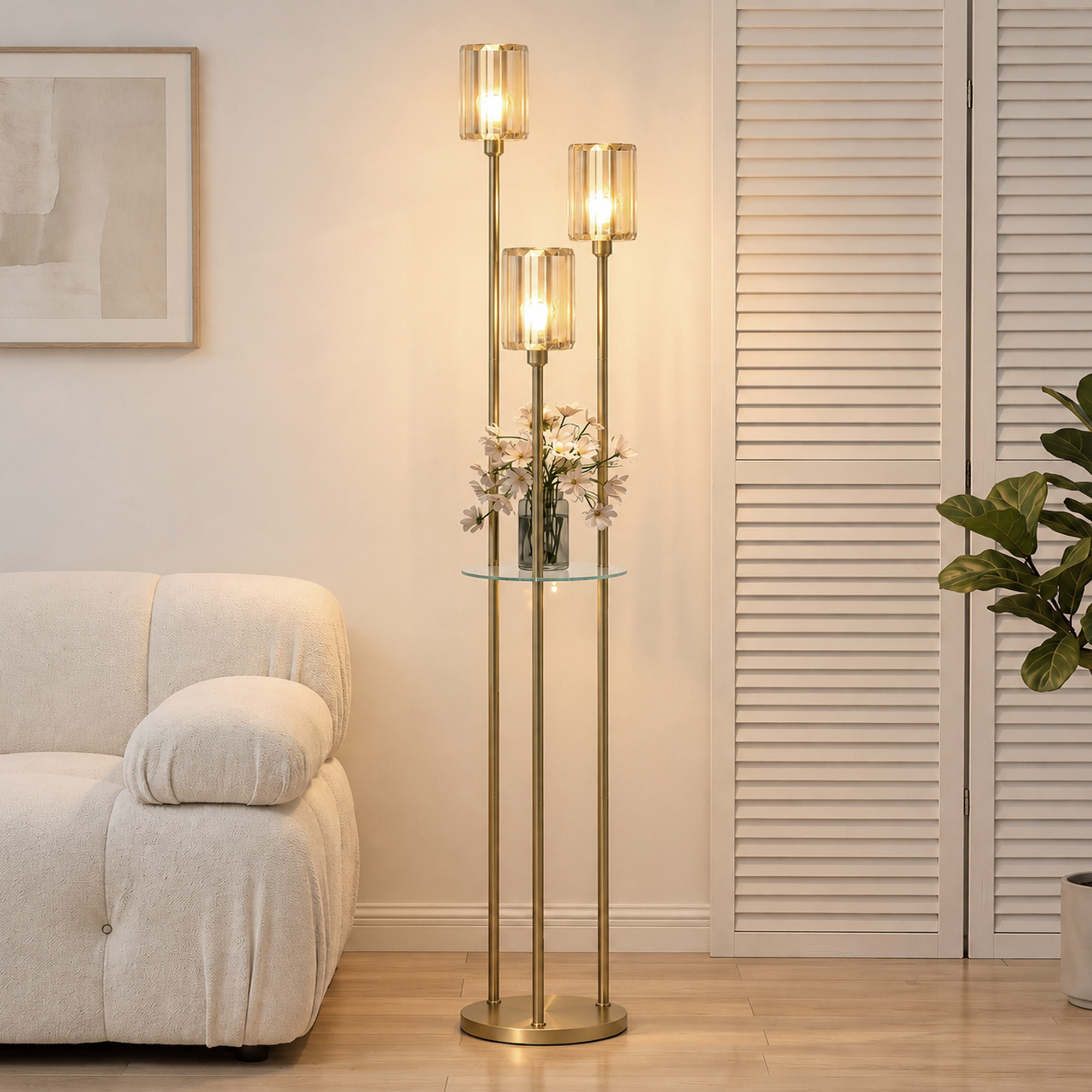 Stehlampe mit Regal mit 3-flammigen Glasschirmen Stehleuchte mit Glastisch 177 cm Gold