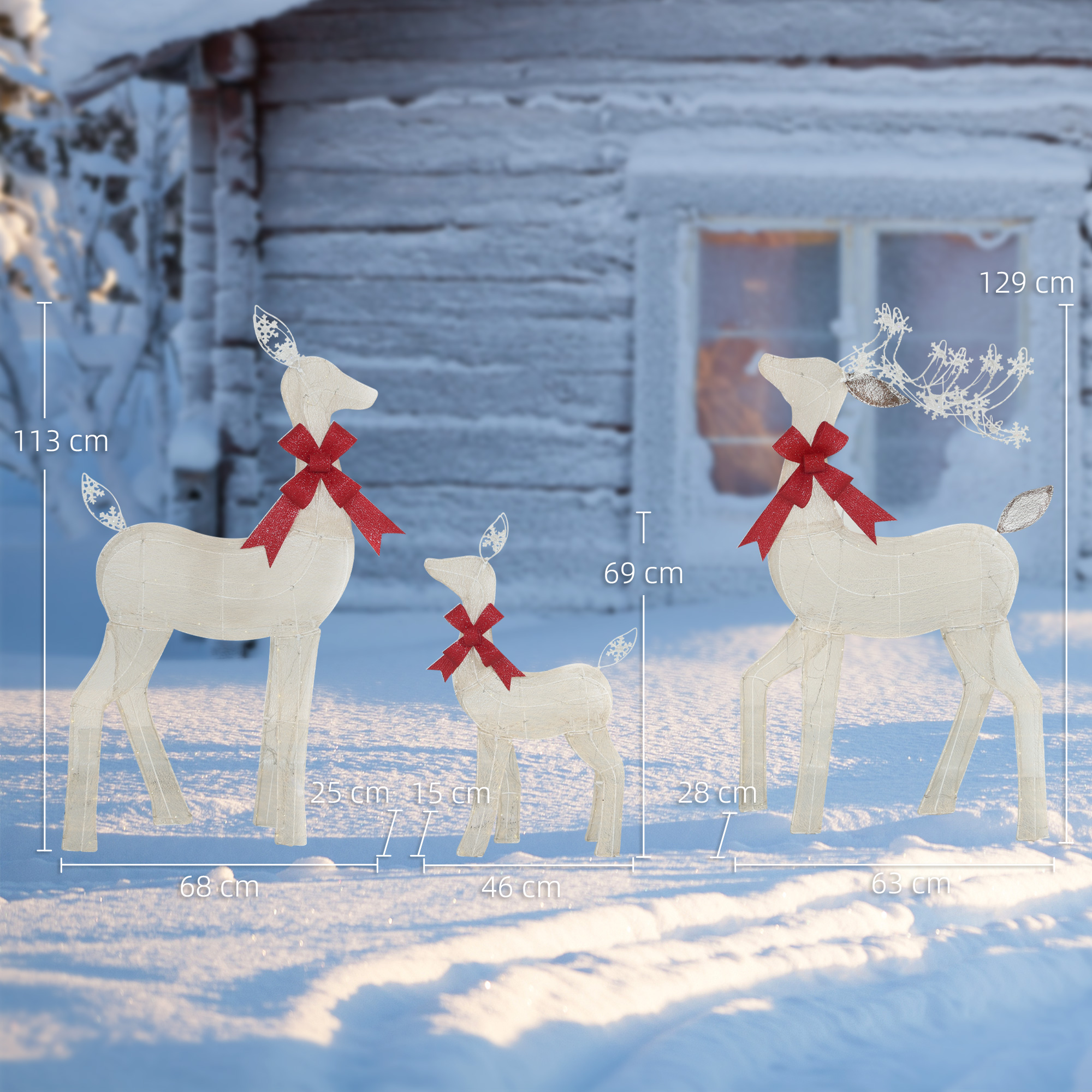 3-teilige Weihnachts-Dekoration, Rentier-Familie mit LED-Beleuchtung, rote Schleife, Stahl, Polyester, wasserfest