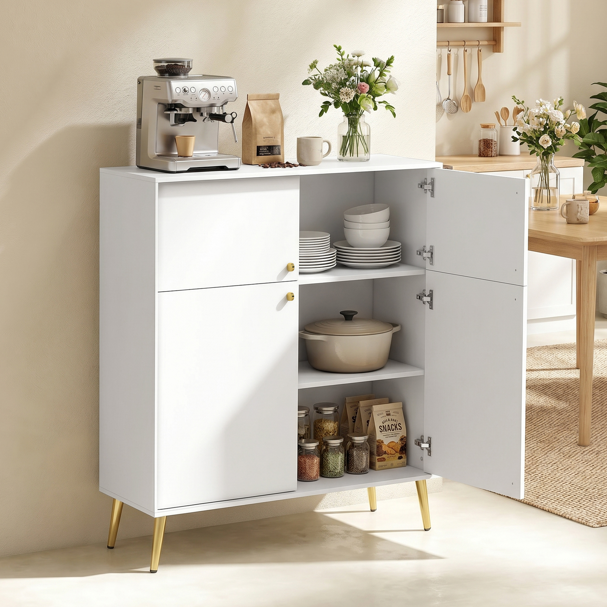 Modernes Sideboard, 105,4 cm Buffet mit Metallfüßen, für Esszimmer & Küche, Cremeweiß