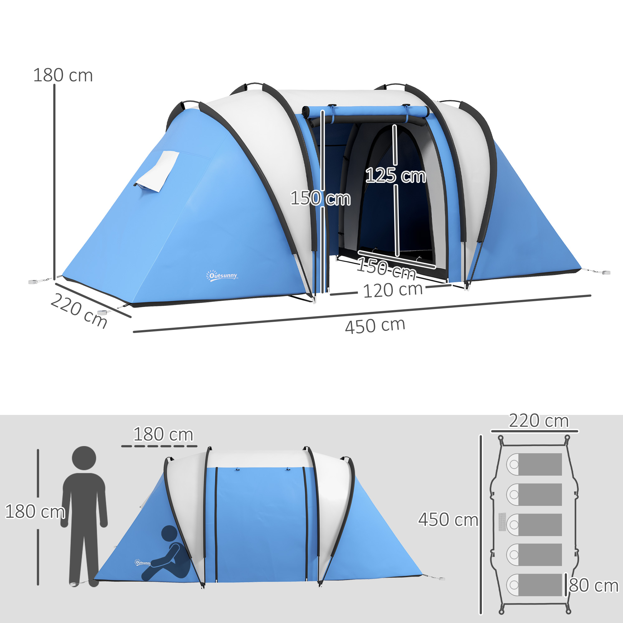Campingzelt für 4-5 Personen leicht wasserabweisend Familienzelt mit 3 Zimmer Seitentür Fenster Blau