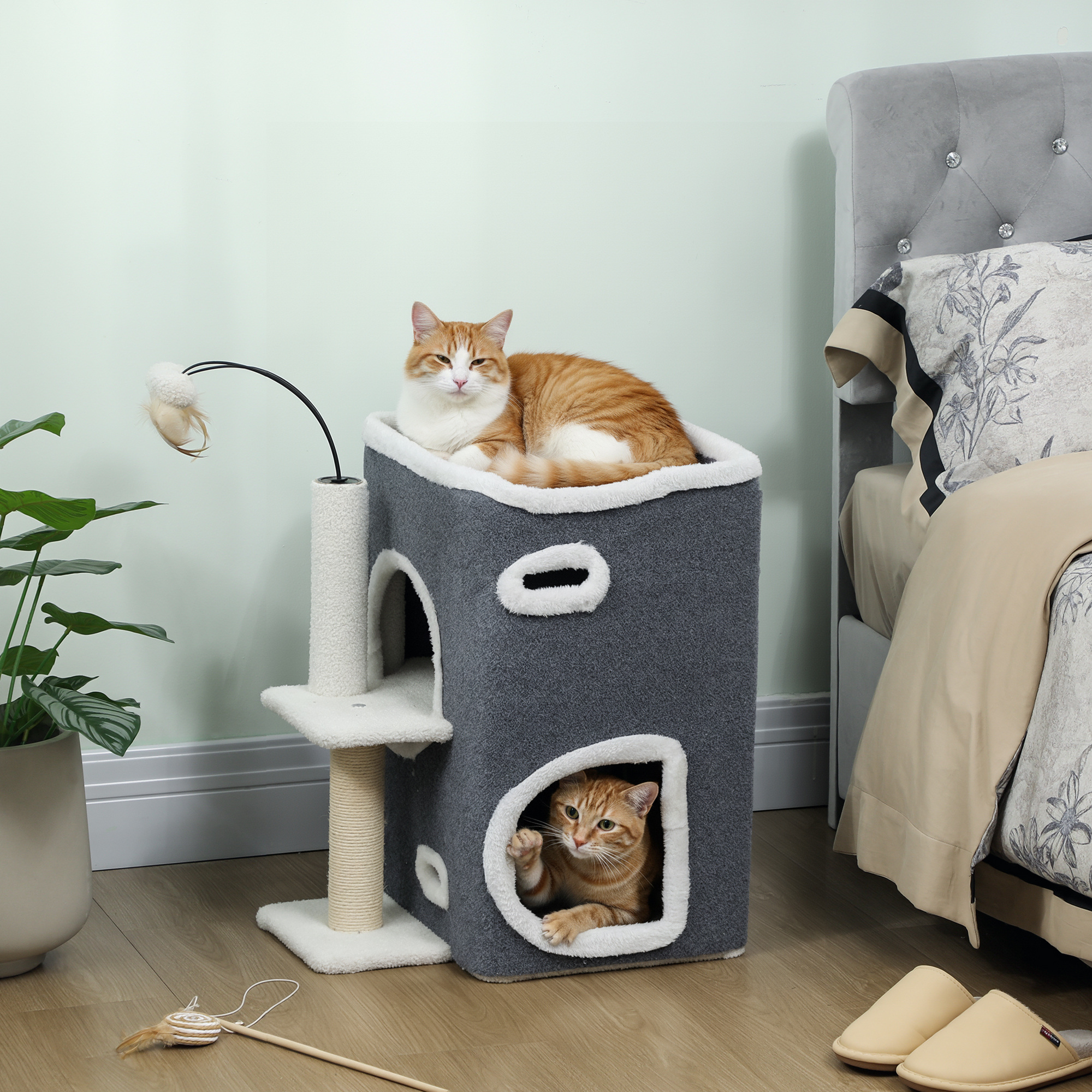 Katzenkratzbaum, Top-Liegefläche, 2-stöckiges Haus, Sisalpfosten, Grau