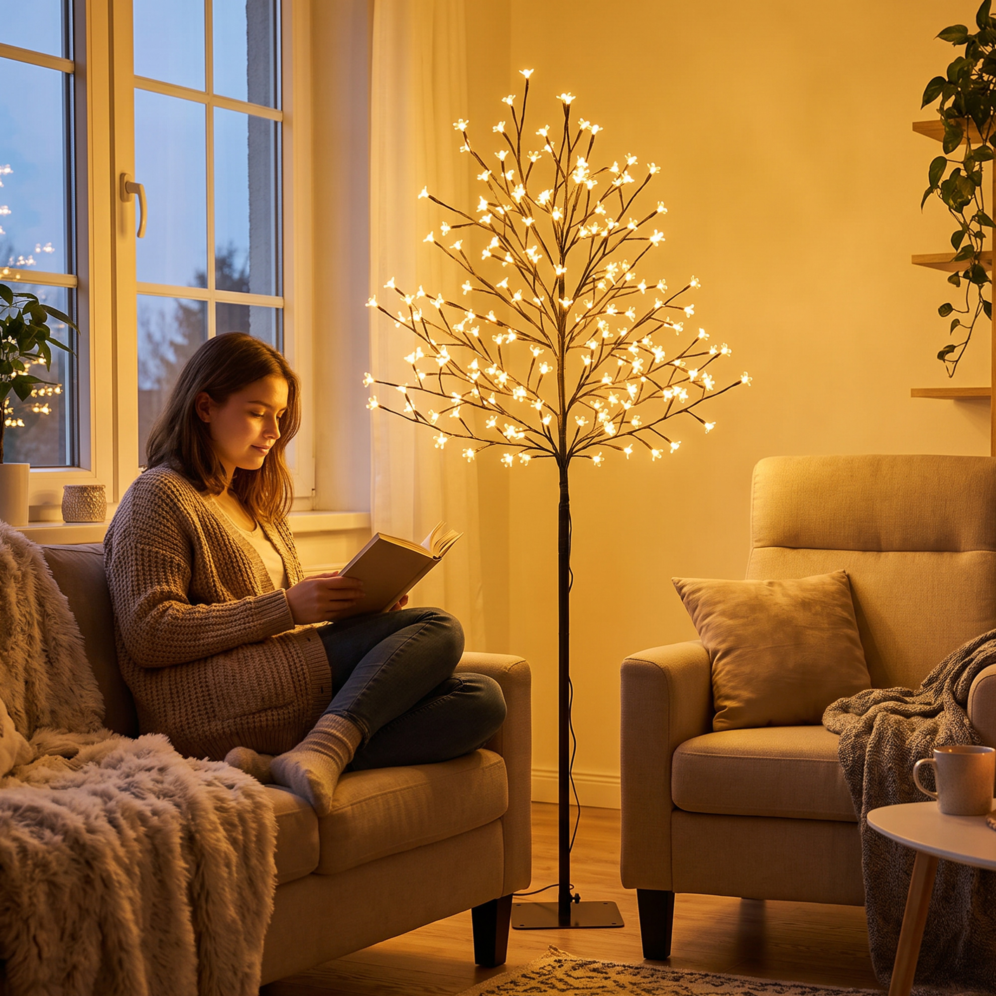 LED-Kirschblütenbaum 150 cm mit 160 LEDs, künstlicher Leuchtbaum mit 20 biegsamen Zweigen, Weihnachtsdeko