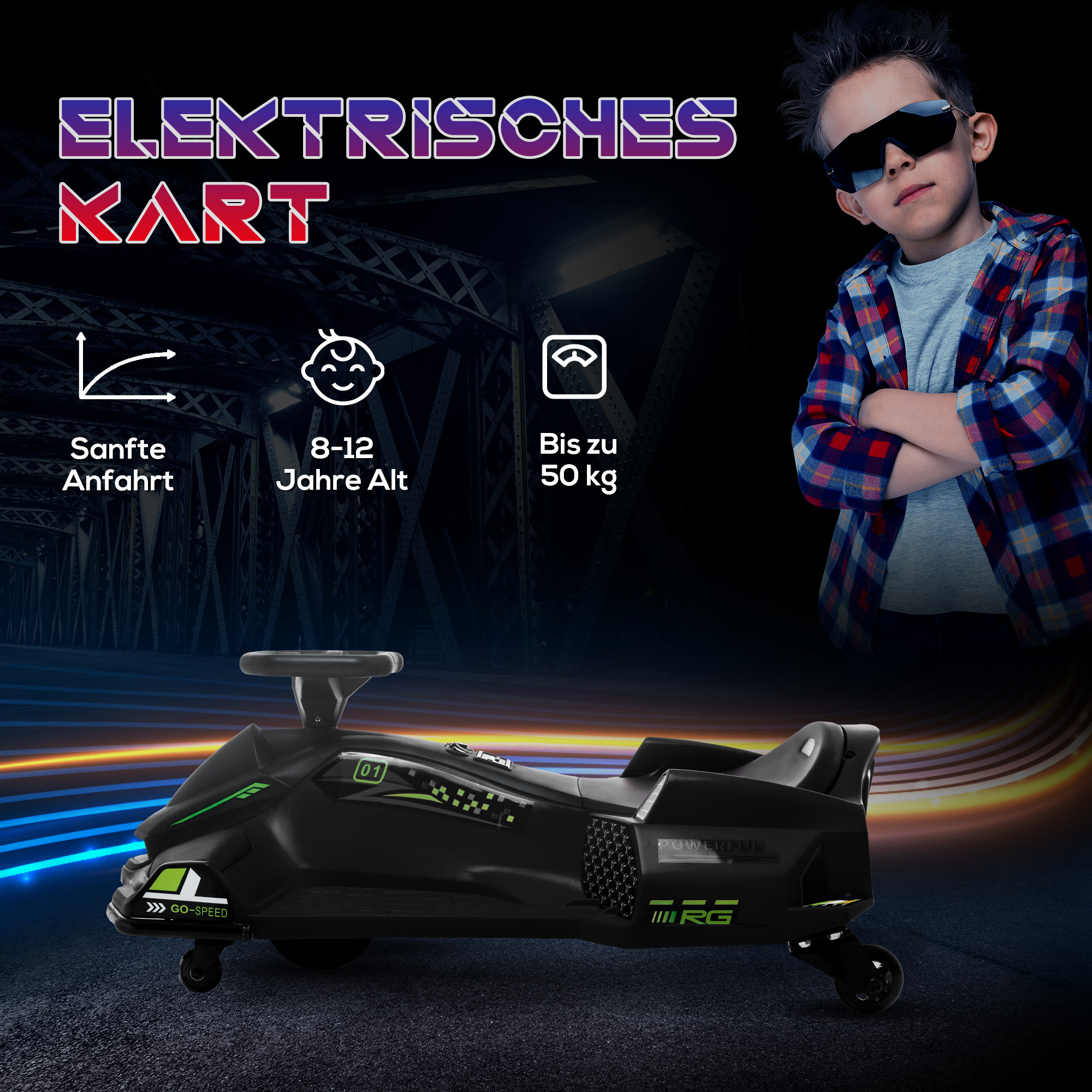 Elektrisches Go-Kart für Kinder, Gummiräder, 3-8 km/h, mit Lichtern und Musikfunktion, Schwarz