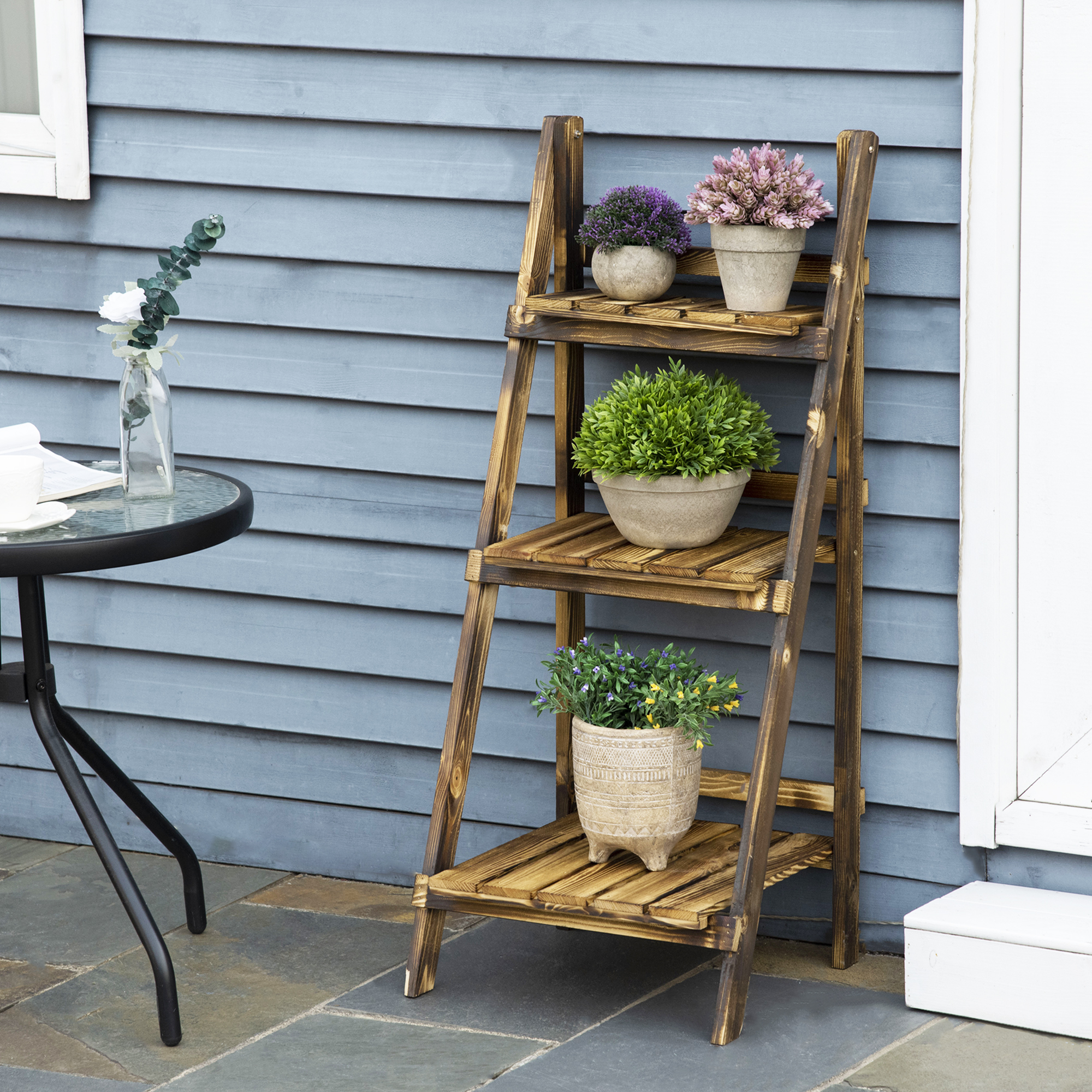 3-Etagen Pflanzenständer, klappbarer 93 cm hoch Blumenständer für Innen Außen, Pflanzenregal aus Holz, Blumentopfständer mit Tabletts, Blumentreppe für Wohnzimmer, Garten Balkon, Dunkelbraun