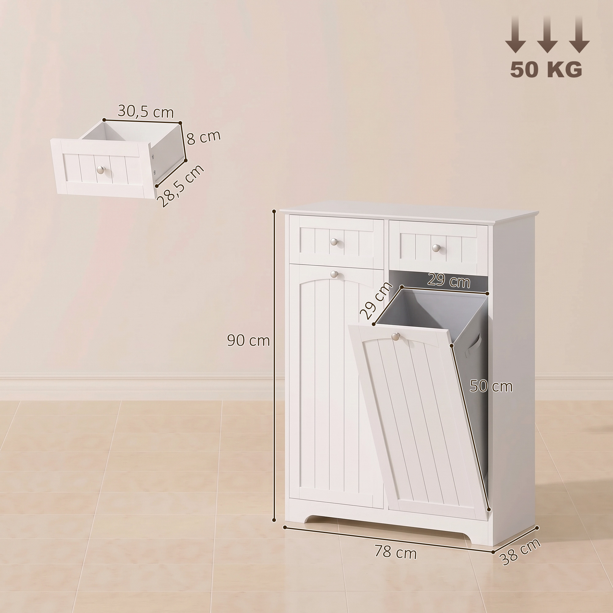 schmaler Badschrank freistehend mit Schubladen und Wäschekippe Badezimmerschrank 78x38x90 cm Weiß
