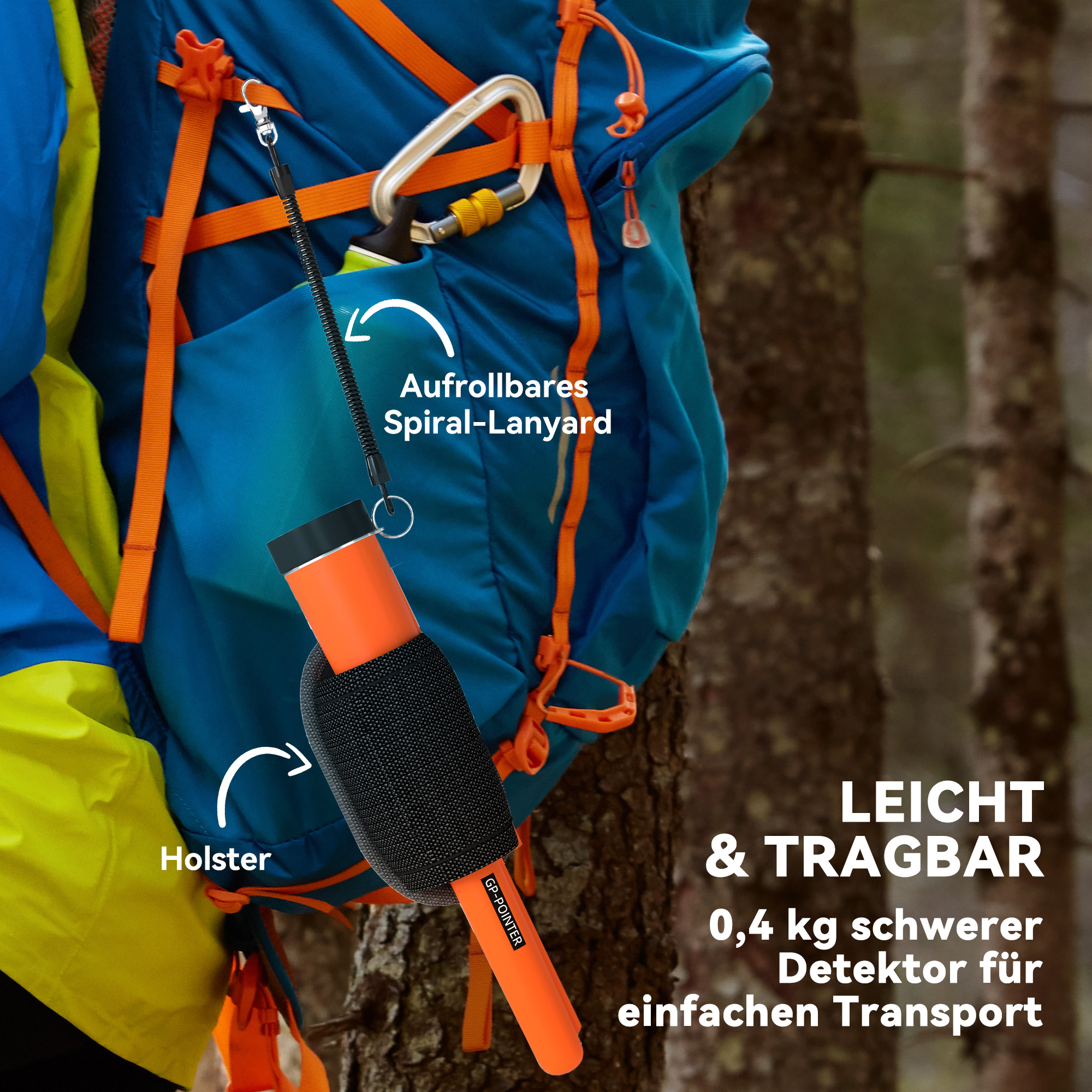 Metalldetektor für Erwachsene, Tragbar Ortungsgerät mit LED Indicator, Wasserdicht Schnurlos Metallsuchgerät Orange