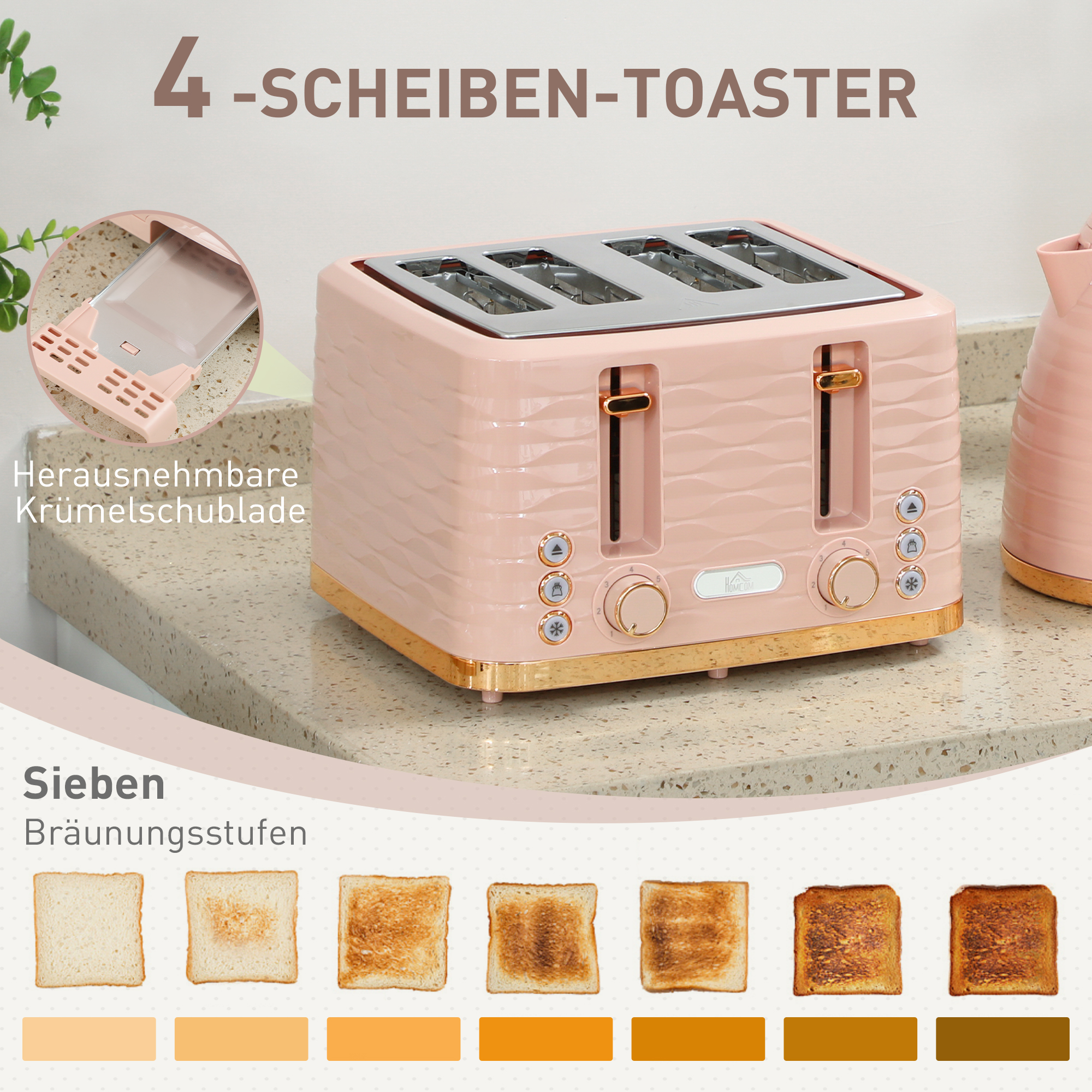 2-in-1 Toaster- und Wasserkocher-Set, 7 Bräunungsstufen, Auftau- und Aufwärmfunktion, Rosa
