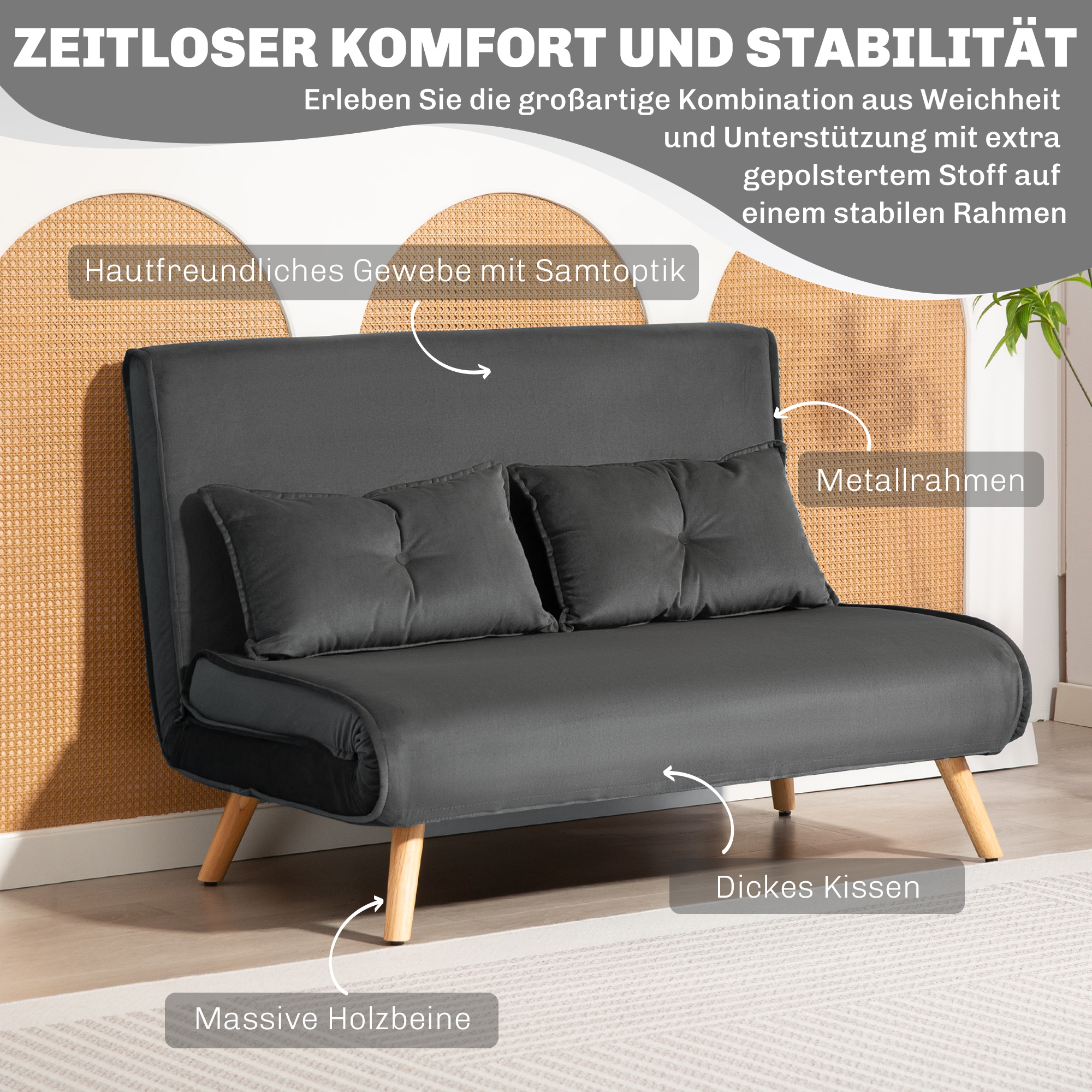 2-Sitzer-Schlafsofa, Bettsofa, in Bett umwandelbare Couch, verstellbare Rückenlehne, Stoffbezug, Metallrahmen, Grau