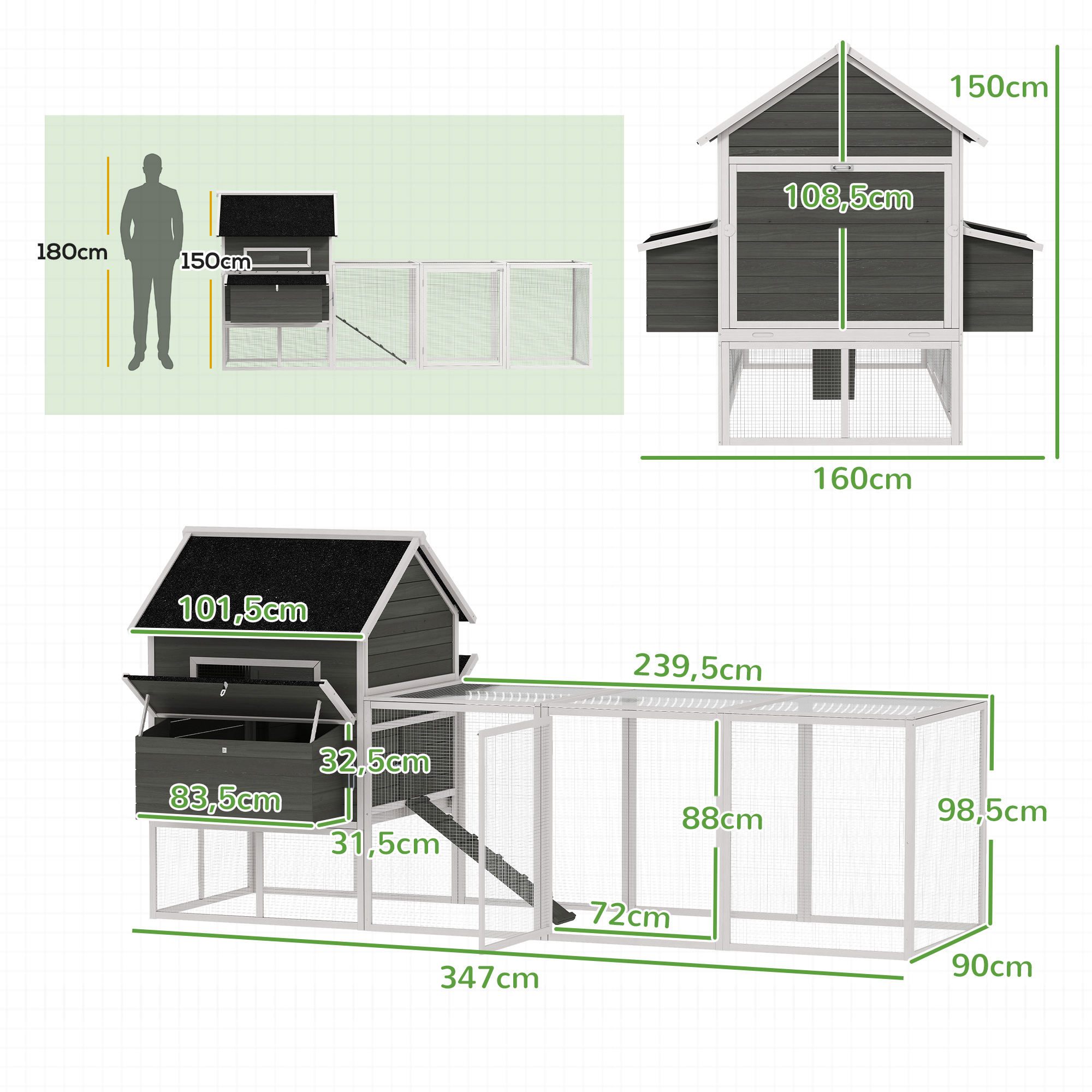 Hühnerstall aus Holz mit Auslauf Nistkasten Asphaltdach herausziehbar Tablett für 8-10 Hühner 347x160x150 cm Dunkelgrau