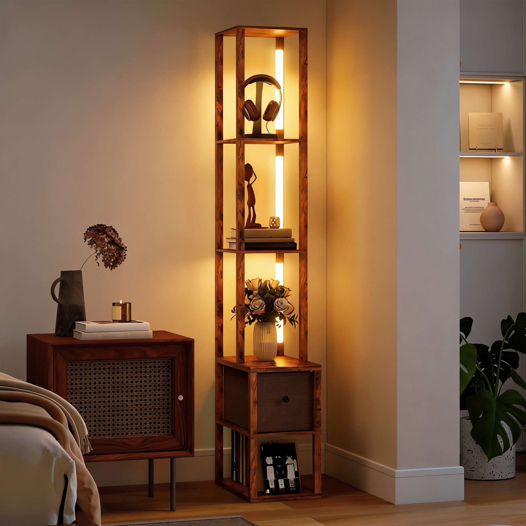 LED-Stehlampe mit Regalen, einstellbare Helligkeit, Fußschalter für Schlafzimmer, Rustikales Braun