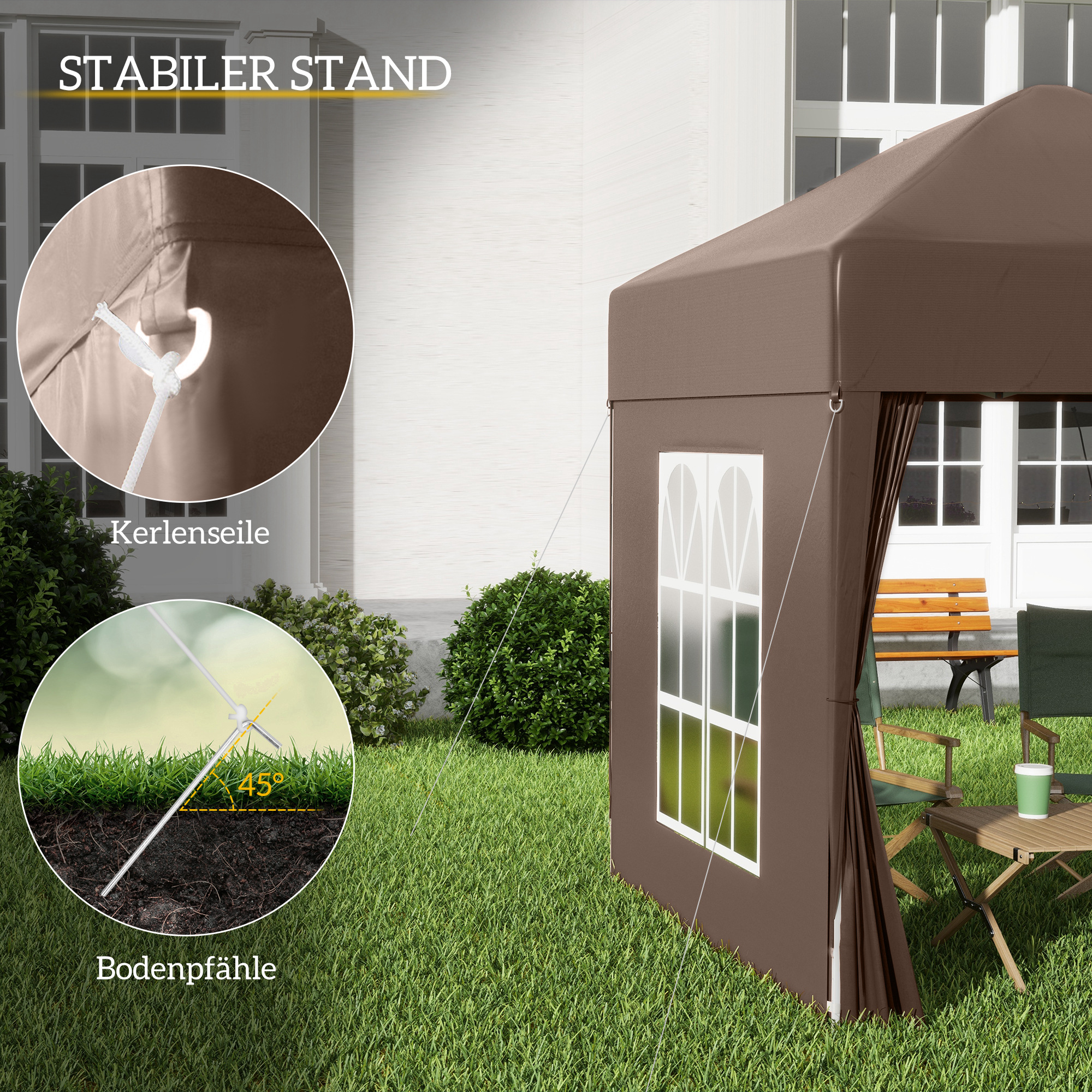 Faltpavillon, Bierzelt, 4 abnehmbare Seitenwände, 2 Fenster, Metallrahmen, 2 x 2m, Braun
