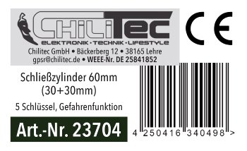 Schließzylinder 60mm (30+30mm) / 5 Schlüssel, Not- & Gefahrenfunktion