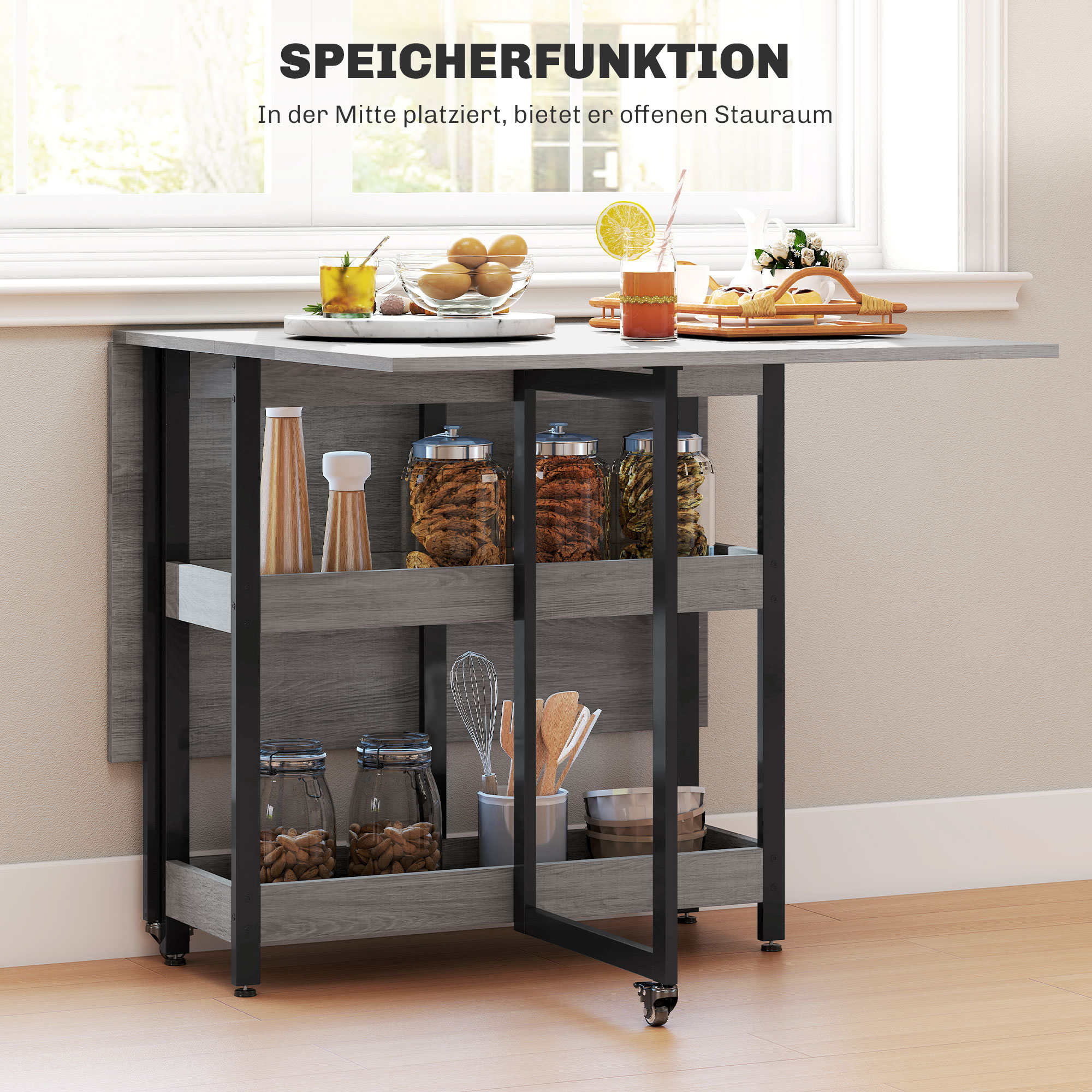 Klappbarer Esstisch im Industriedesign, für bis zu 4 Personen, offene Regale, flexibel, Metall, Spanplatte, Grau
