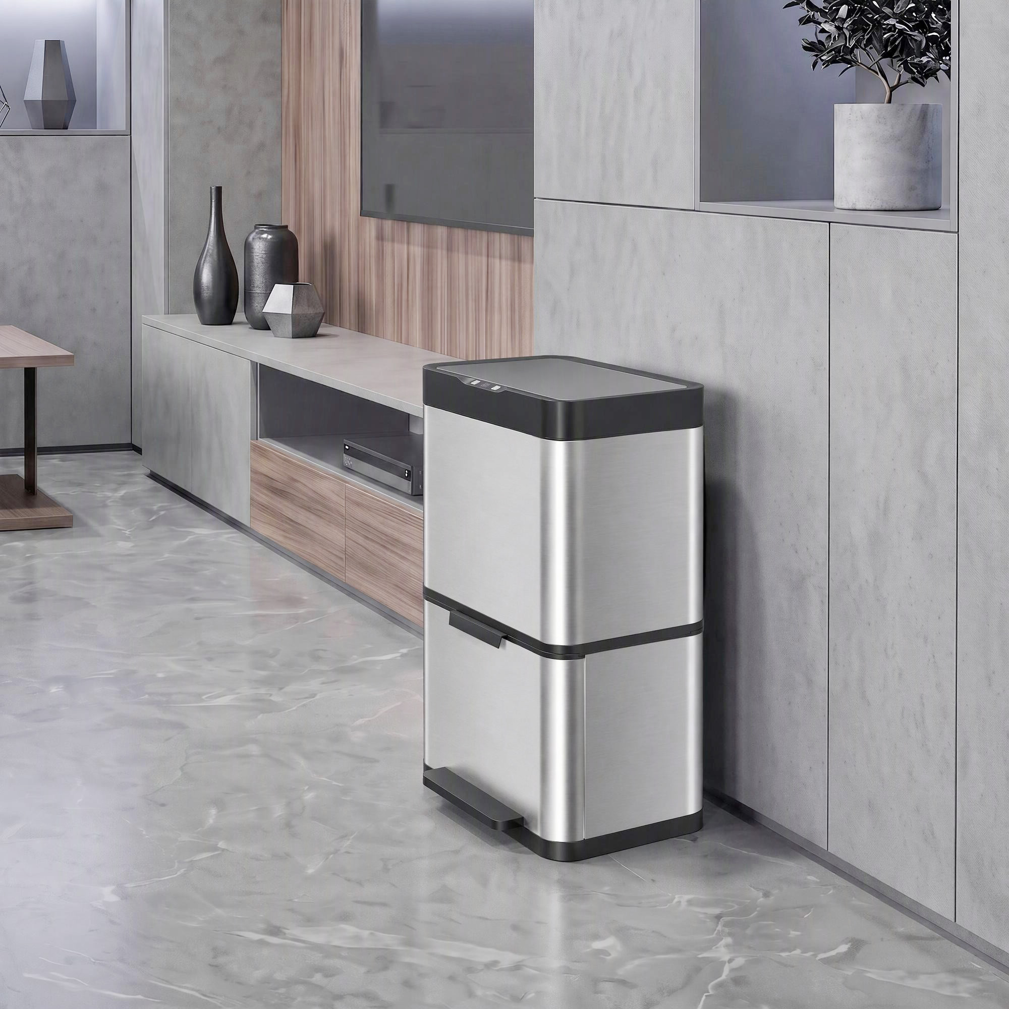 40L Sensormülleimer, 3 Fächer (2 x 12,5L + 15L), mit Soft-Close- & Offenhaltefunktion, Silber