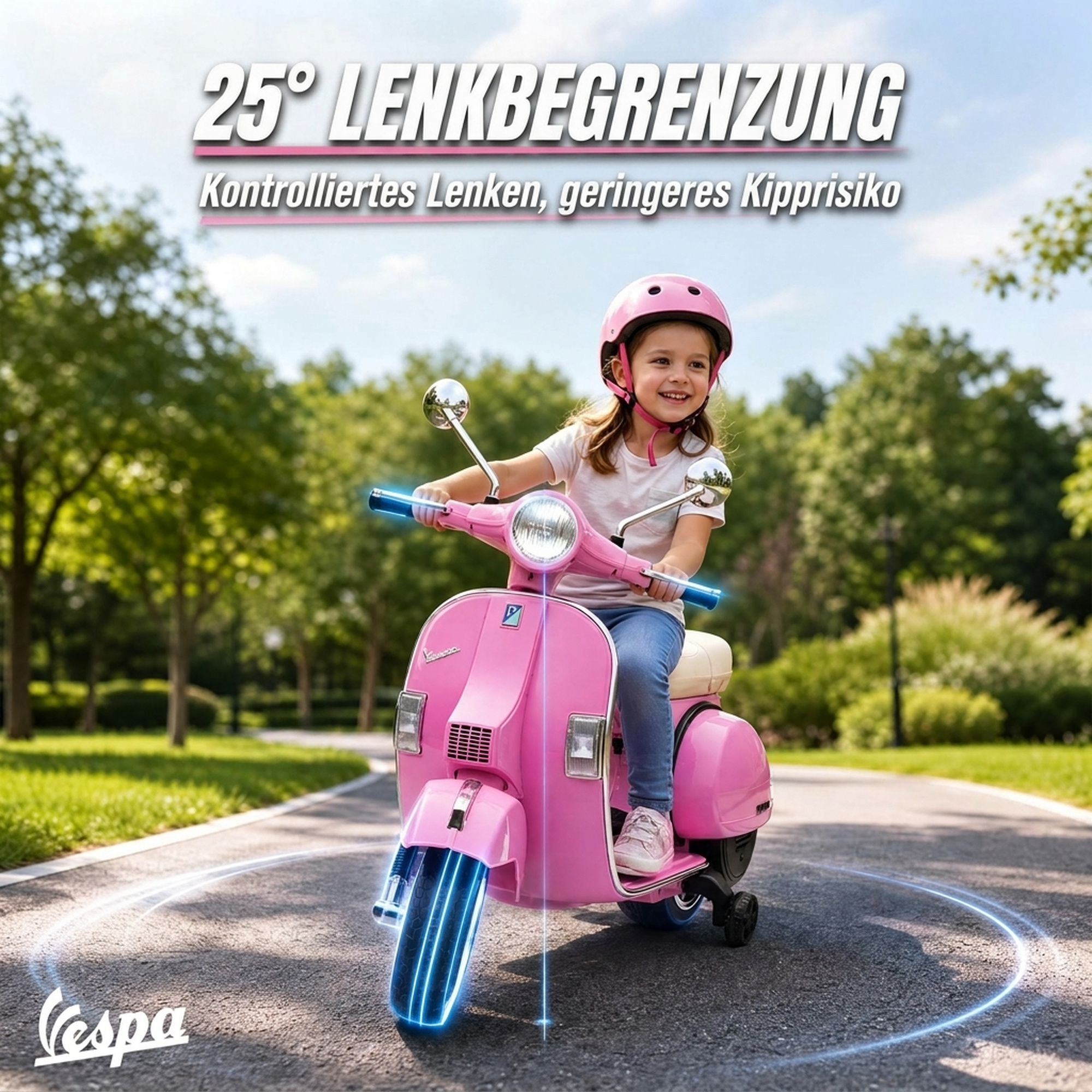 Elektro Motorrad Kinder Vespa PX150 12V Elektromotorrad mit Lithium Akku 35W 2 Motoren 25° Lenkbegrenzung für 3-6 Jahre