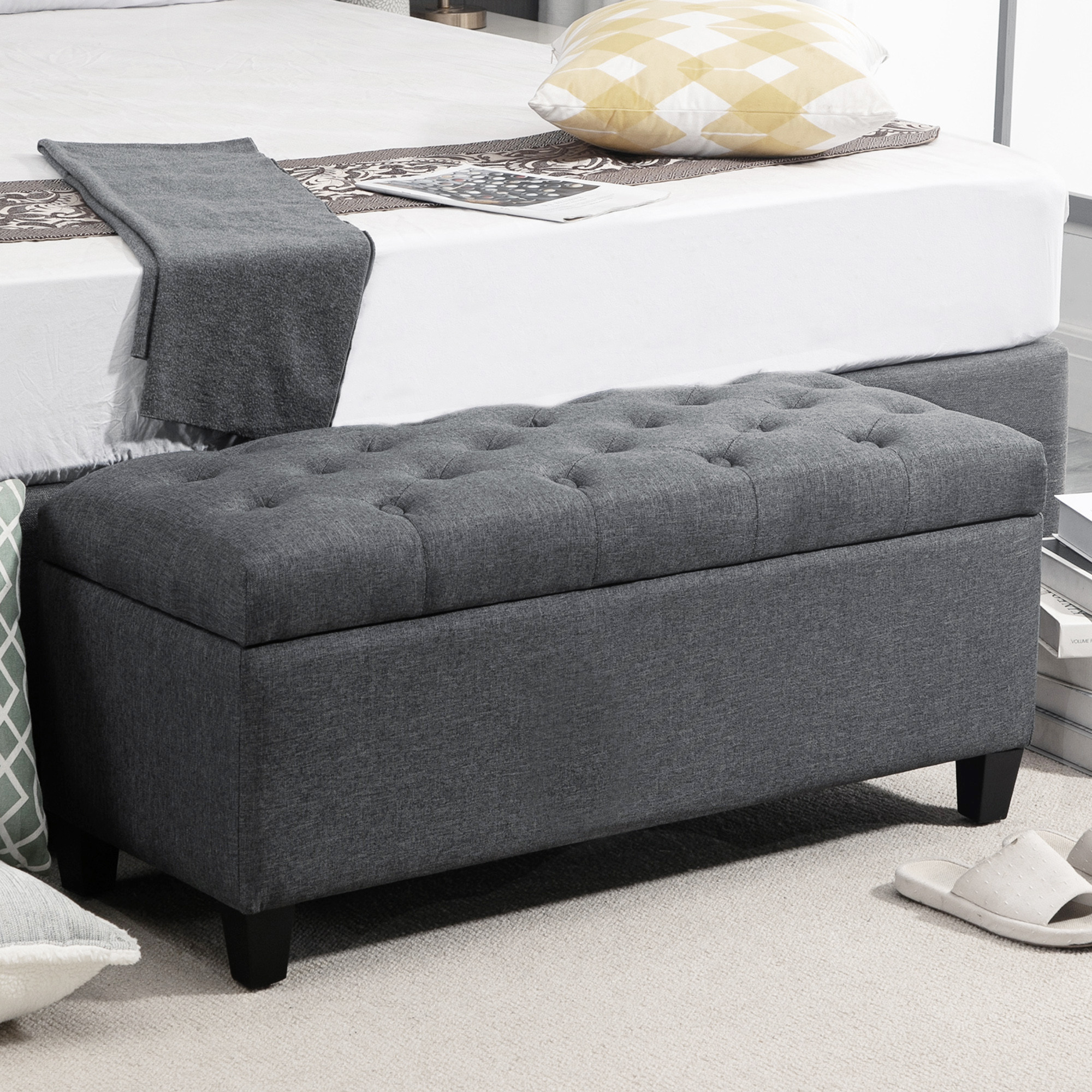 Sitzbank mit Stauraum Polsterbank mit Leinenoptik, Sitztruhe mit Holzbeine, Truhenbank für Wohnzimmer Schlafzimmer Flur 100 x 40 x 44 cm Dunkelgrau