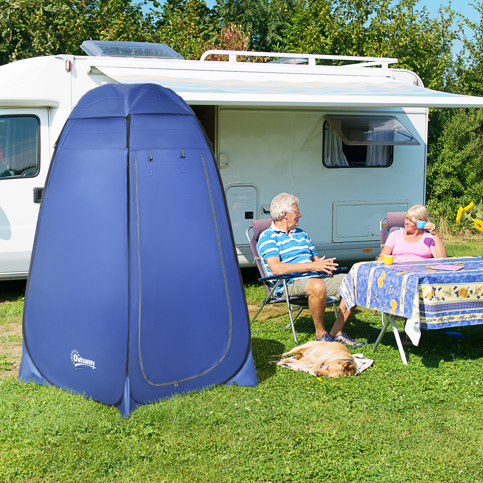 Pop-up toilettent, mobiele campingdouchetent, omkleedtent met binnenvak, douchecabine, kleedcabine, waterproof, polyester, donkerblauw, 120 x 120 x 190 cm