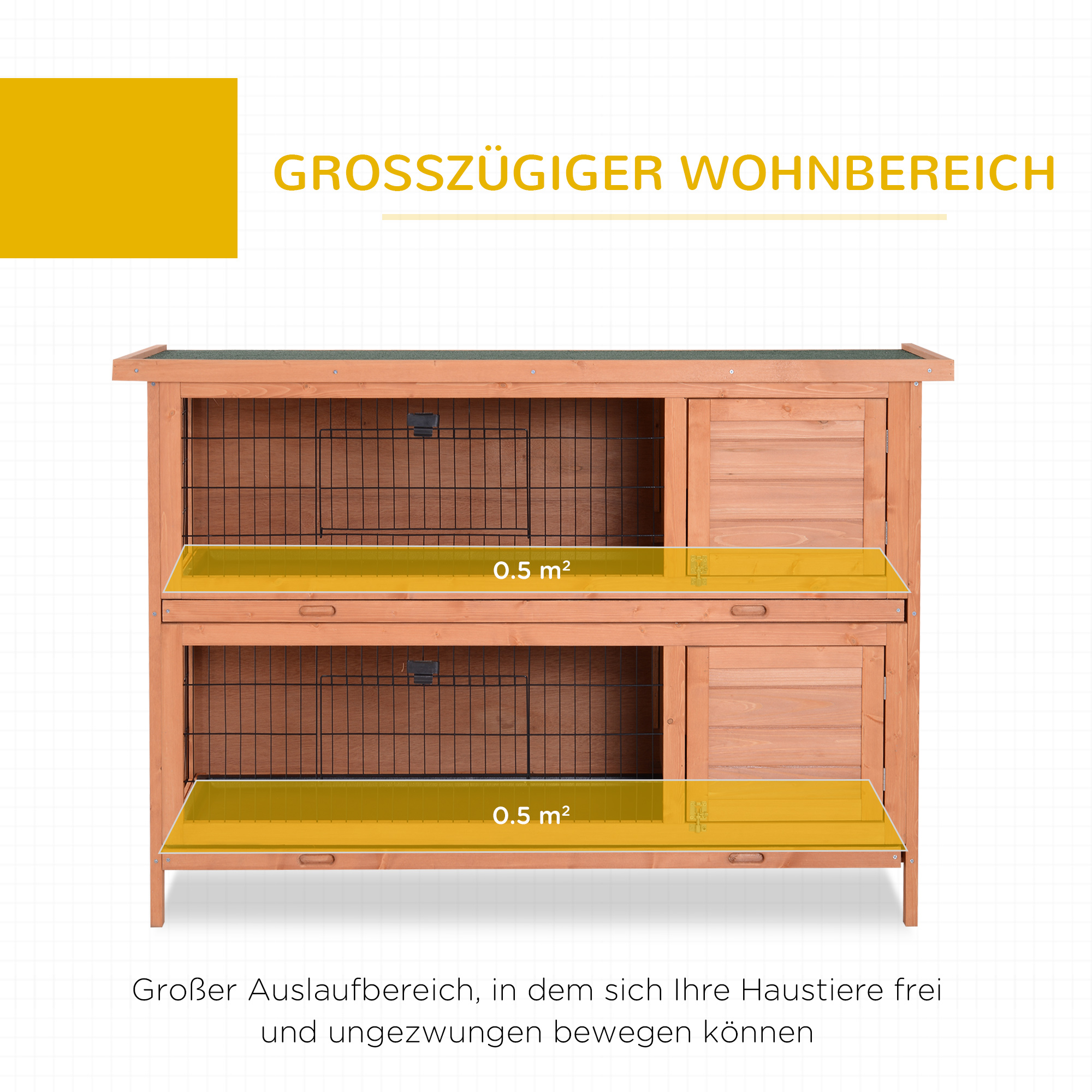 Hasenstall winterfest 2 Etagen Kaninchenstall Holz Bodenwanne Asphaltdach Türen 136,4 x 50 x 93 cm Orange