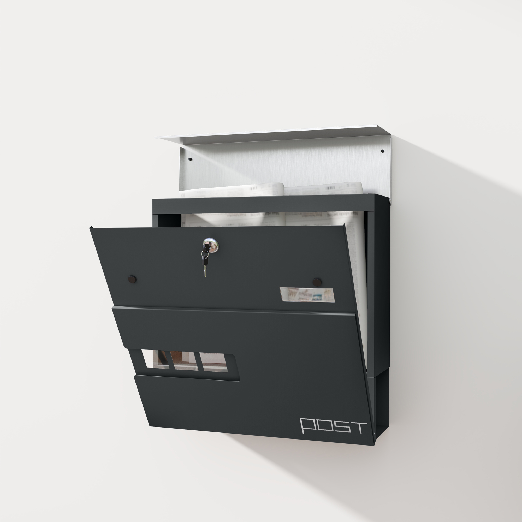 Briefkasten, Wandmontage, Abschließbar, Sichtfenster, Stahl, Grau
