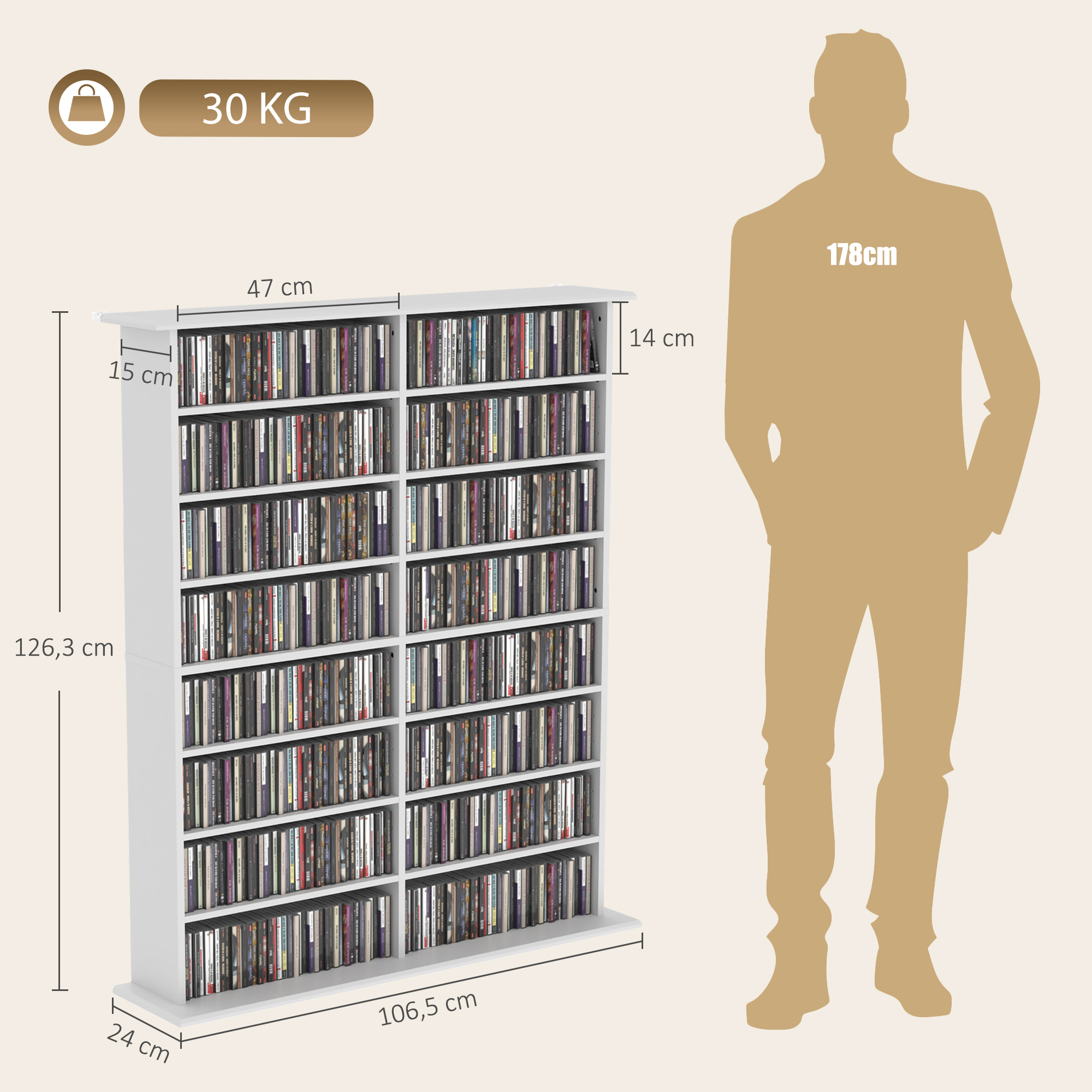 Medienregal, 8 Ebenen, DVD-Regal mit 12 verstellbaren Böden, 16 Fächer, für 720 CDs, Weiß