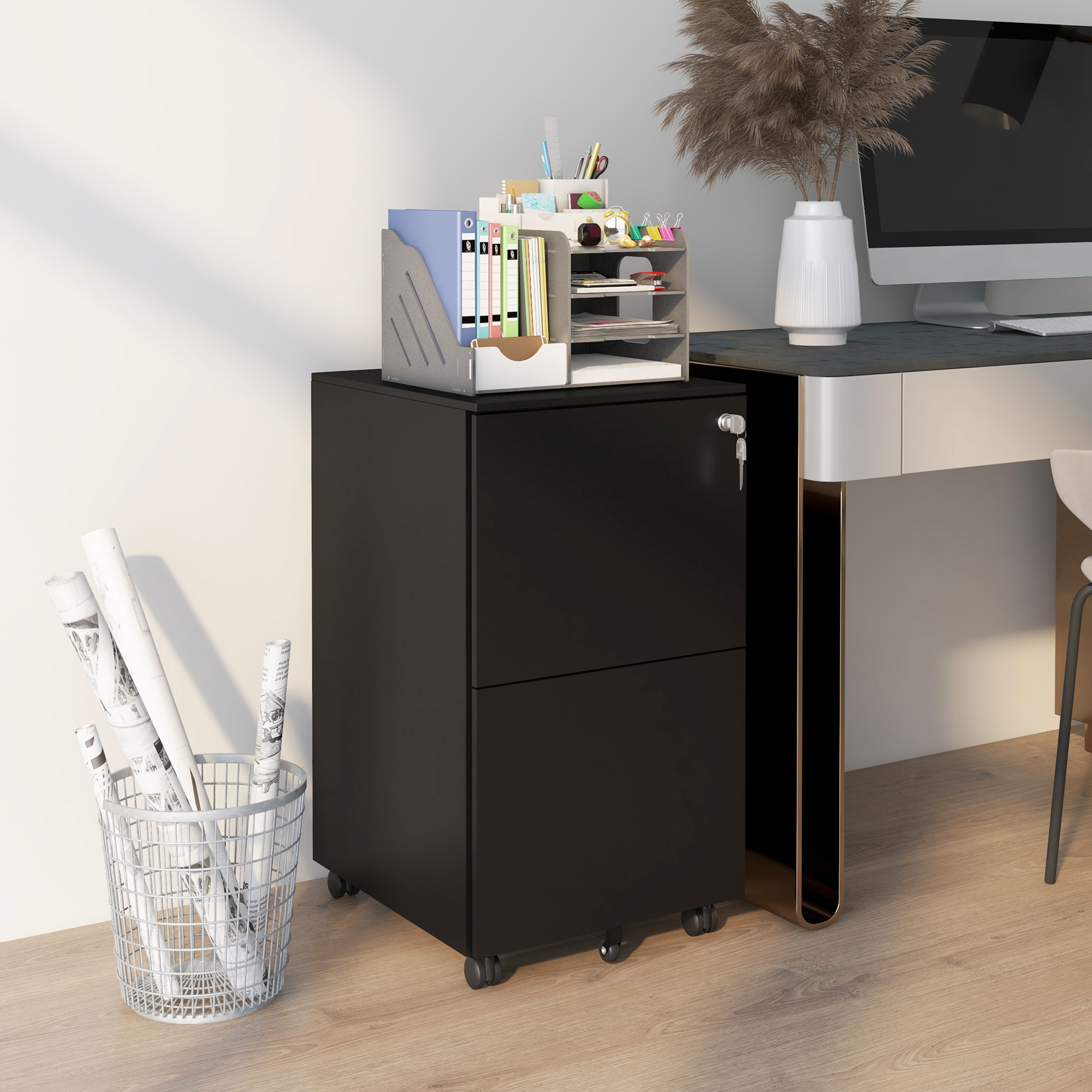 Rollcontainer Aktenschrank, 2 Schubladen, ab­schließ­bar, rollbar, 37 cm x 43,5 cm x 67,5 cm, Schwarz