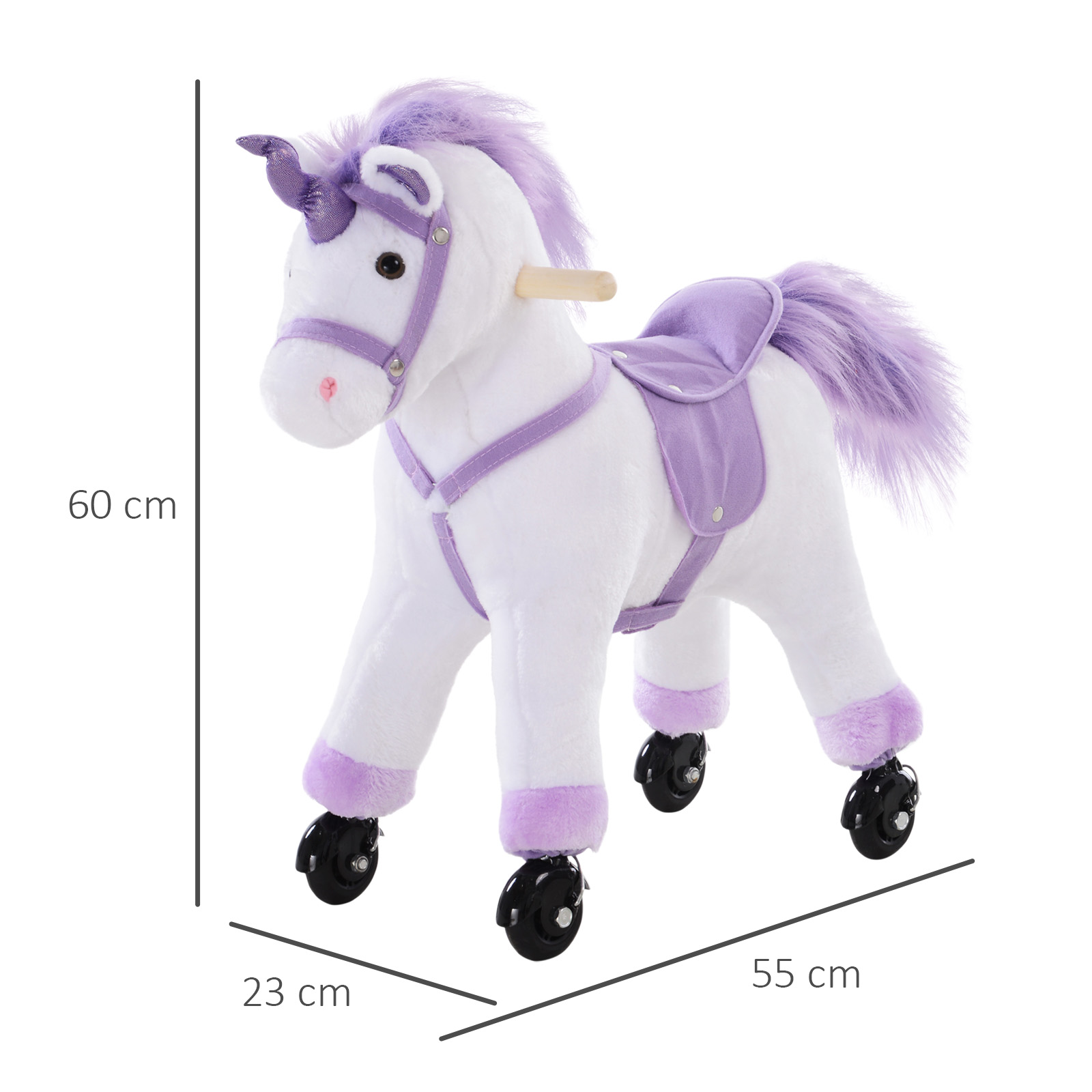 Reitpferd auf Rollen Spielpferd Reittier  Wiehern Plüsch Lila 55 x 23 x 60 cm