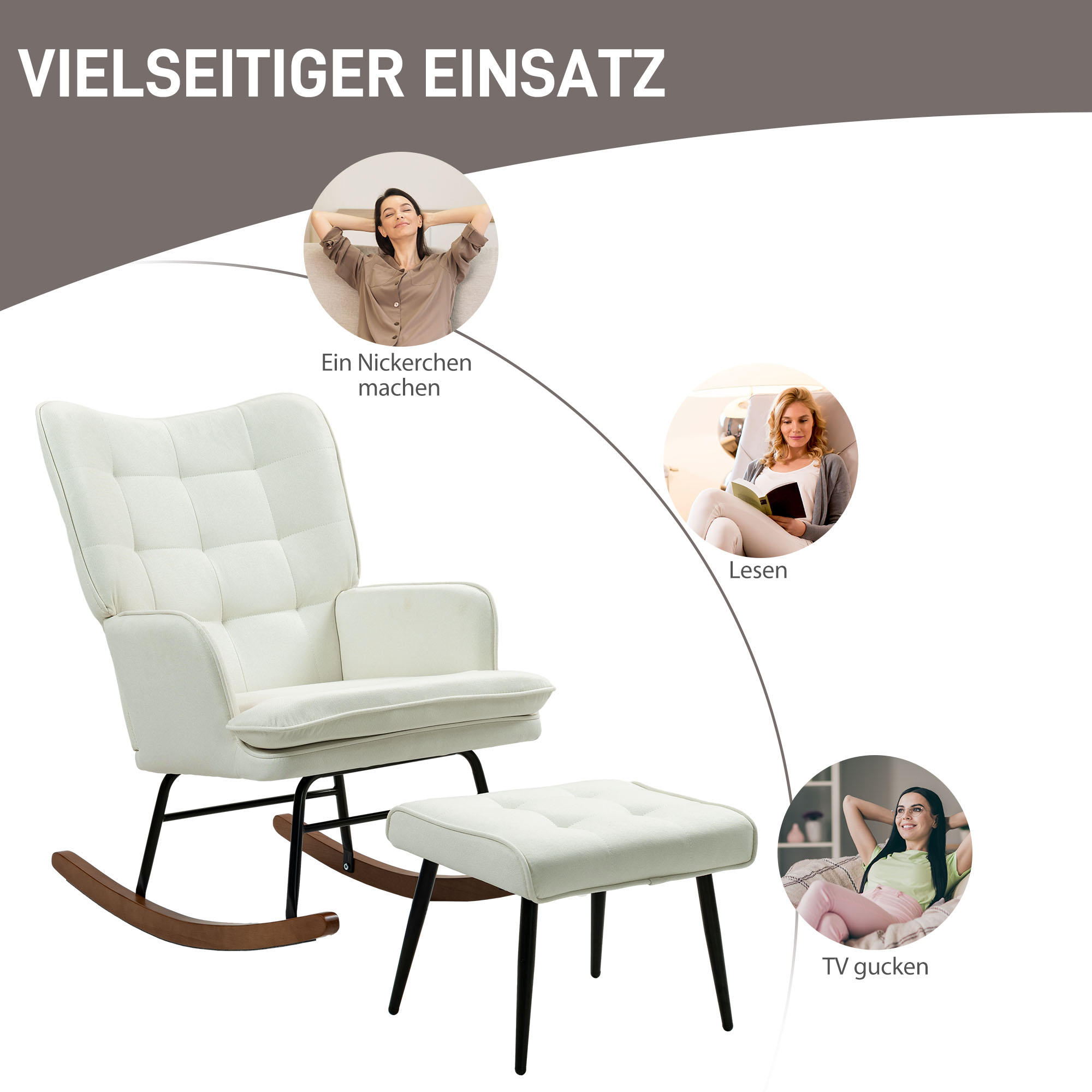 Schaukelstuhl mit Hocker, sanftes Schaukelsystem, Leinenimitat, 64 x 89 x 90 cm, Cremeweiß