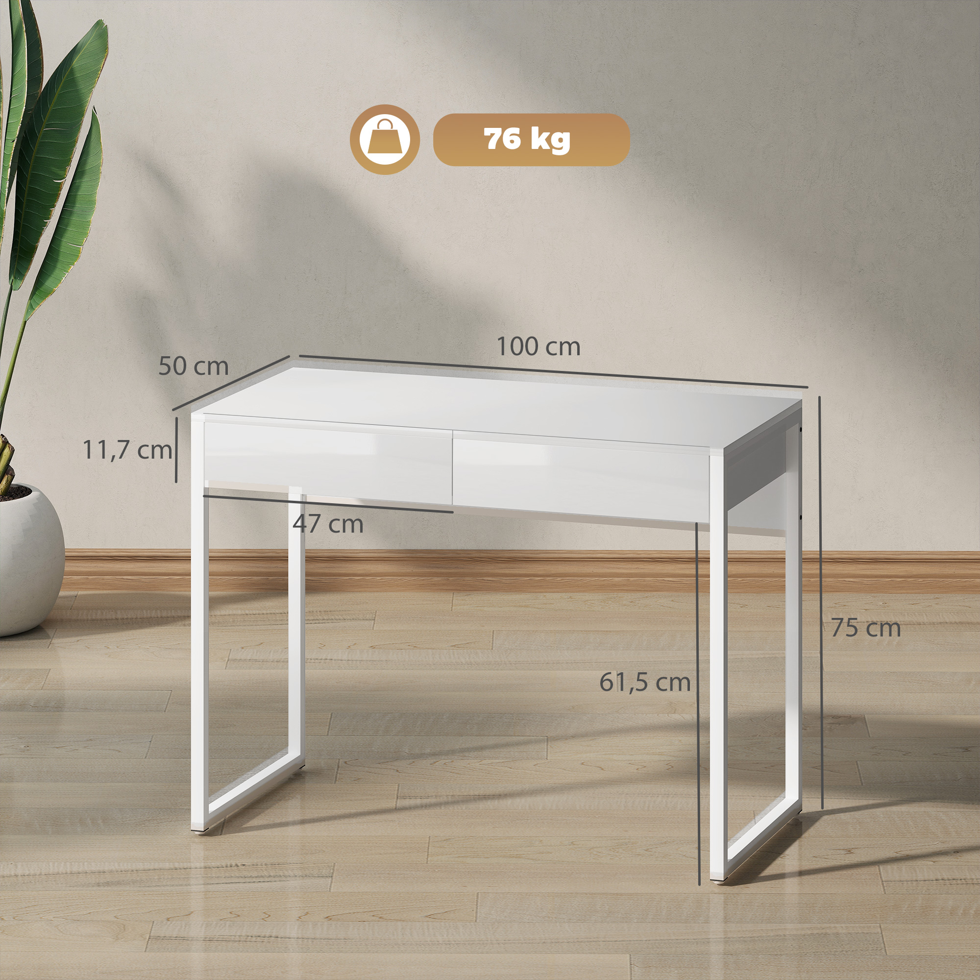 Schreibtisch 100 x 50 cm Computertisch Bürotisch mit 2 Schubladen, für kleine Räume, Weiß