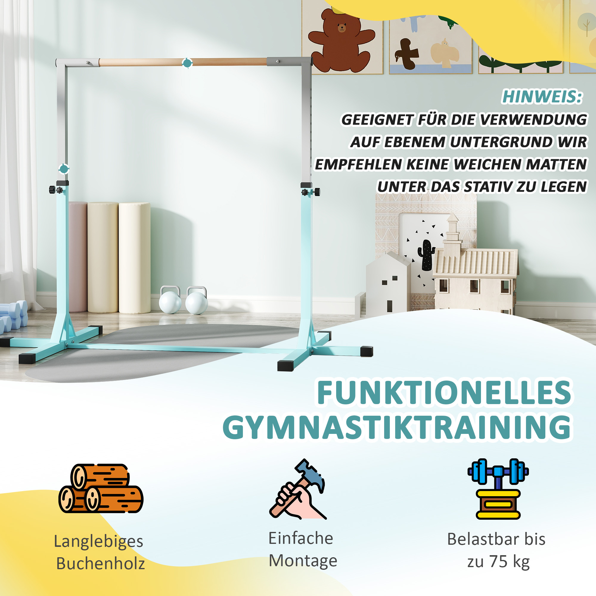 Gymnastik-Turnreck, Reckstange, 13-stufig höhenverstellbar, bis 75 kg belastbar, Stahl, Buchenholz, Hellblau