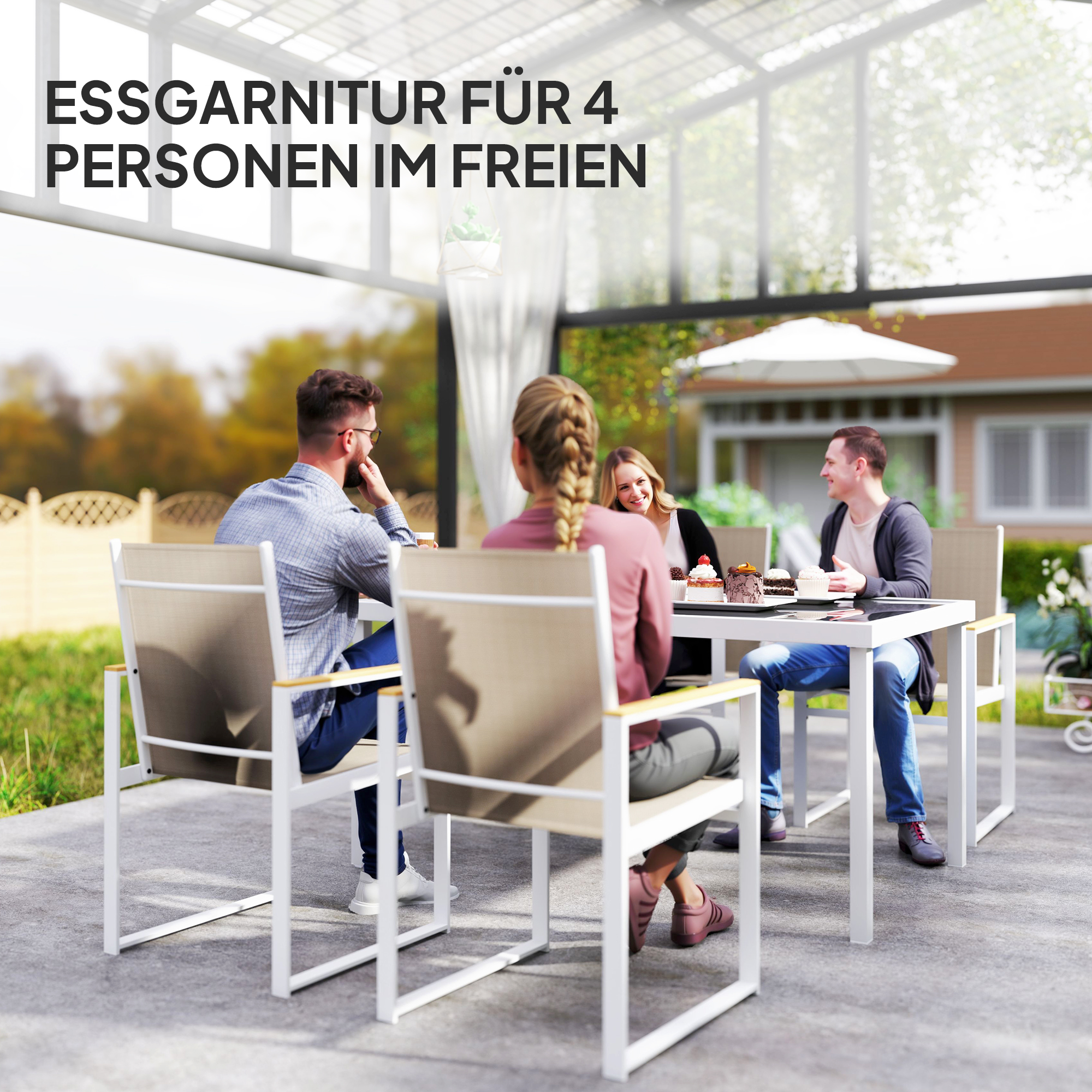 5-teiliges Ess-Set, Outdoor-Tisch aus Hartglas, 4 Stühle, wetterbeständig, Stahlrahmen, Terrassenmöbel, Mehrfarbig