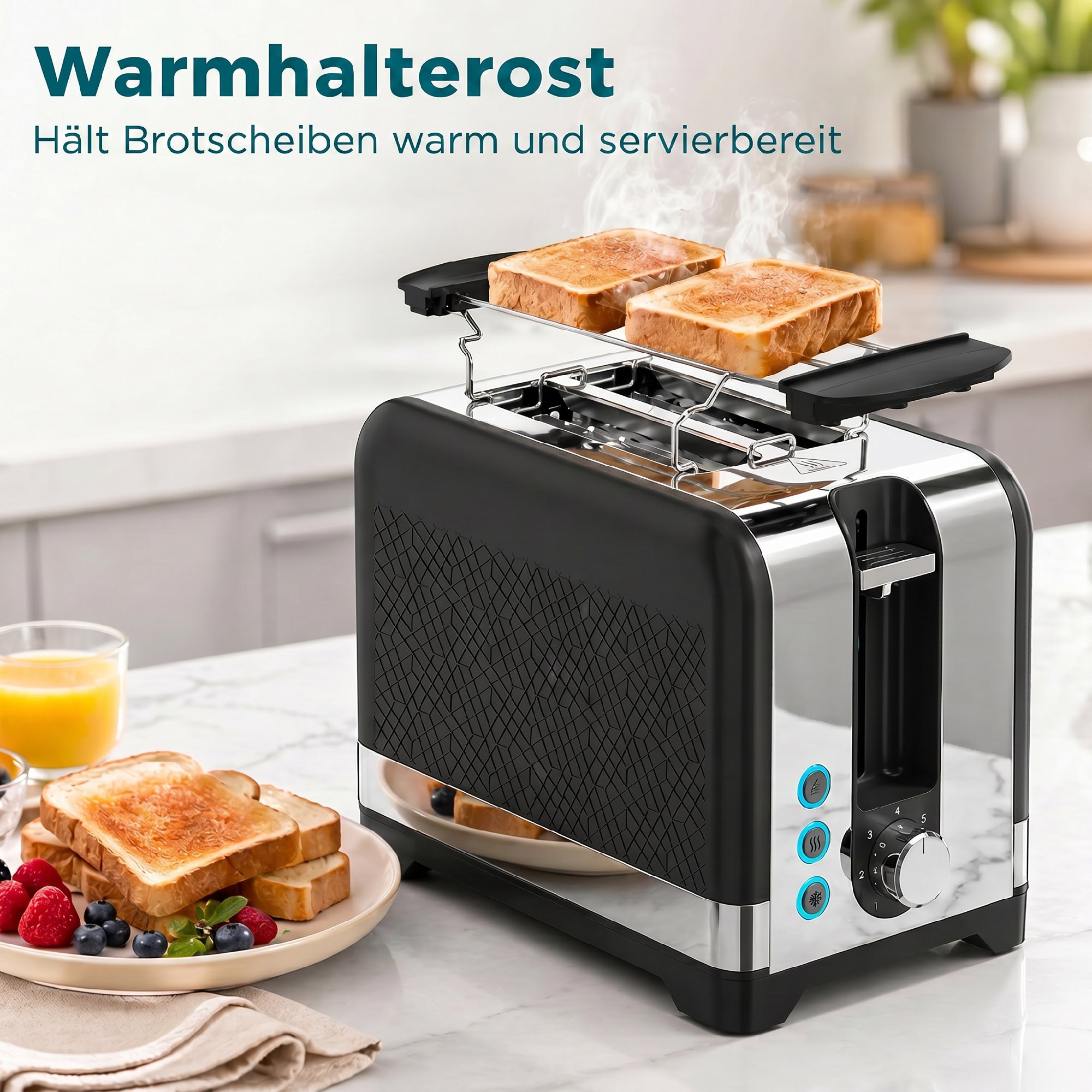 2-Scheiben-Toaster mit 7 Bräunungsstufen, Aufwärm-/Auftau-/Abbruchfunktionen, Wärmerost, 930 W