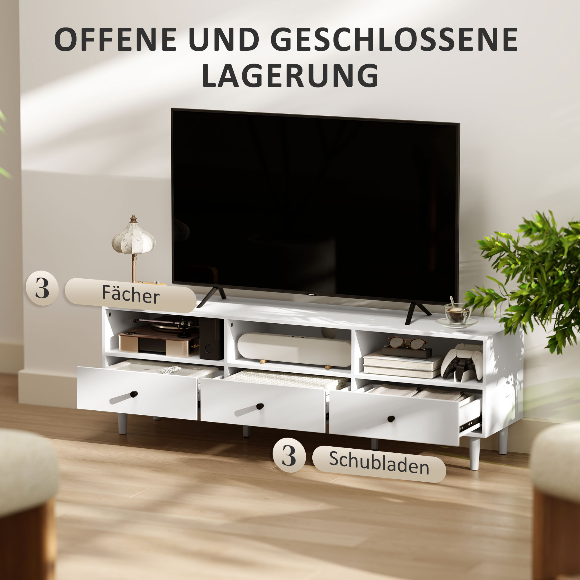 TV-Kommode, TV-Ständer für 75-Zoll-Bildschirme, 3 offene Fächer, 3 Schubladen, Spanplatte, Weiß